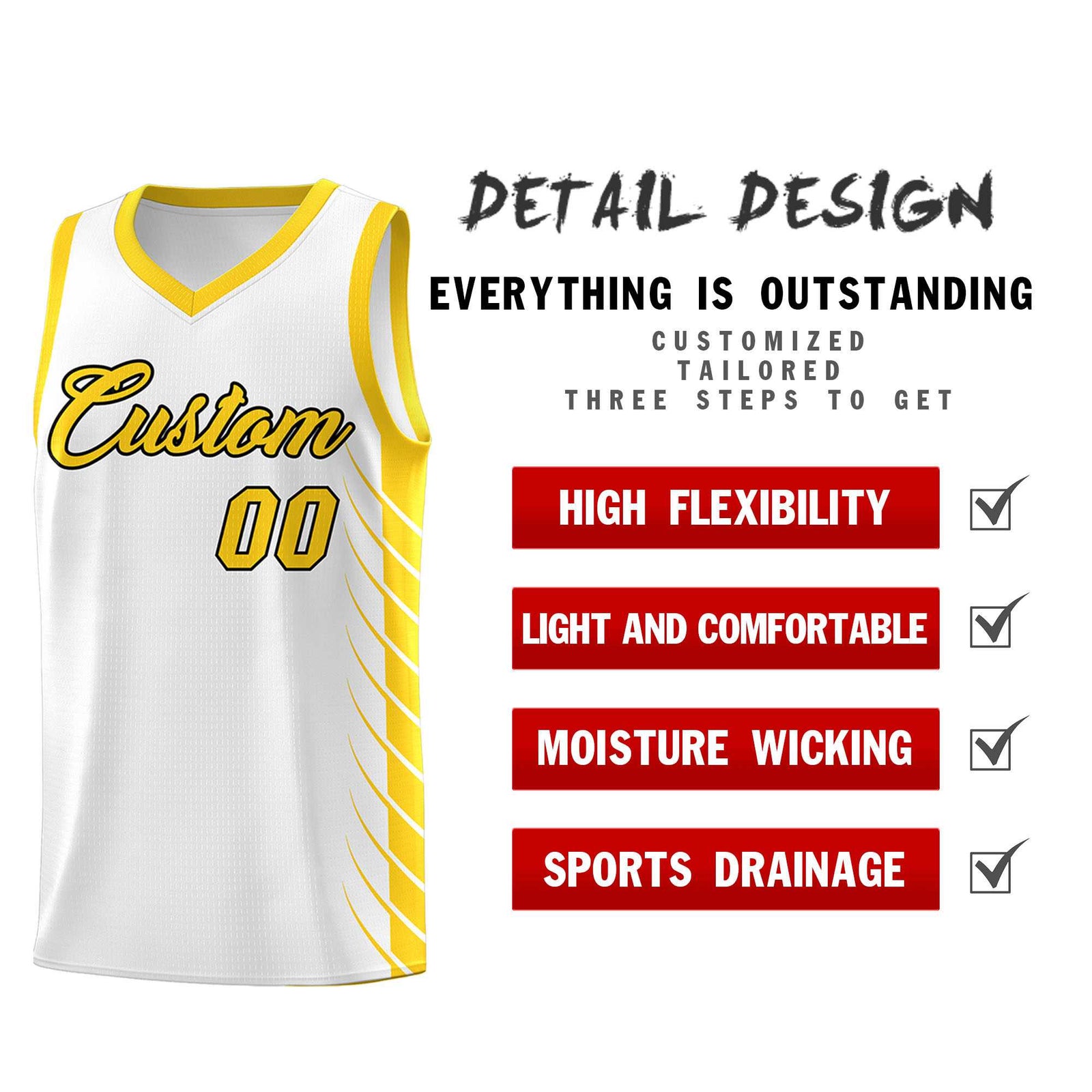 Custom White Gold Personalized Side Symmetrical Line Pattern Sports Uniform Basketball Jersey