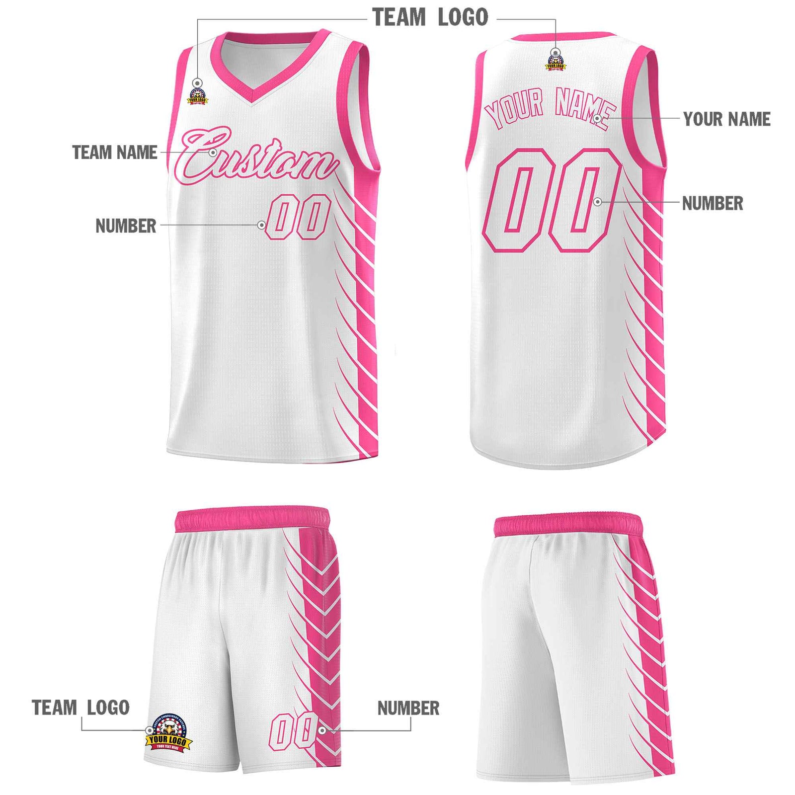 Custom White Pink Personalized Side Symmetrical Line Pattern Sports Uniform Basketball Jersey