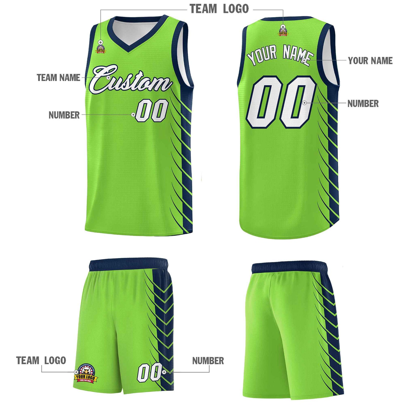 Custom Fluorescent Green Navy Personalized Side Symmetrical Line Pattern Sports Uniform Basketball Jersey
