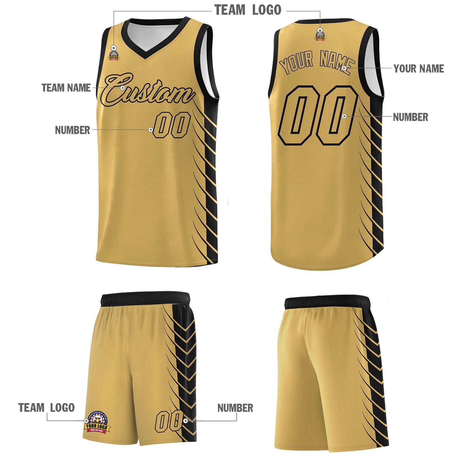 Custom Old Gold Black Personalized Side Symmetrical Line Pattern Sports Uniform Basketball Jersey