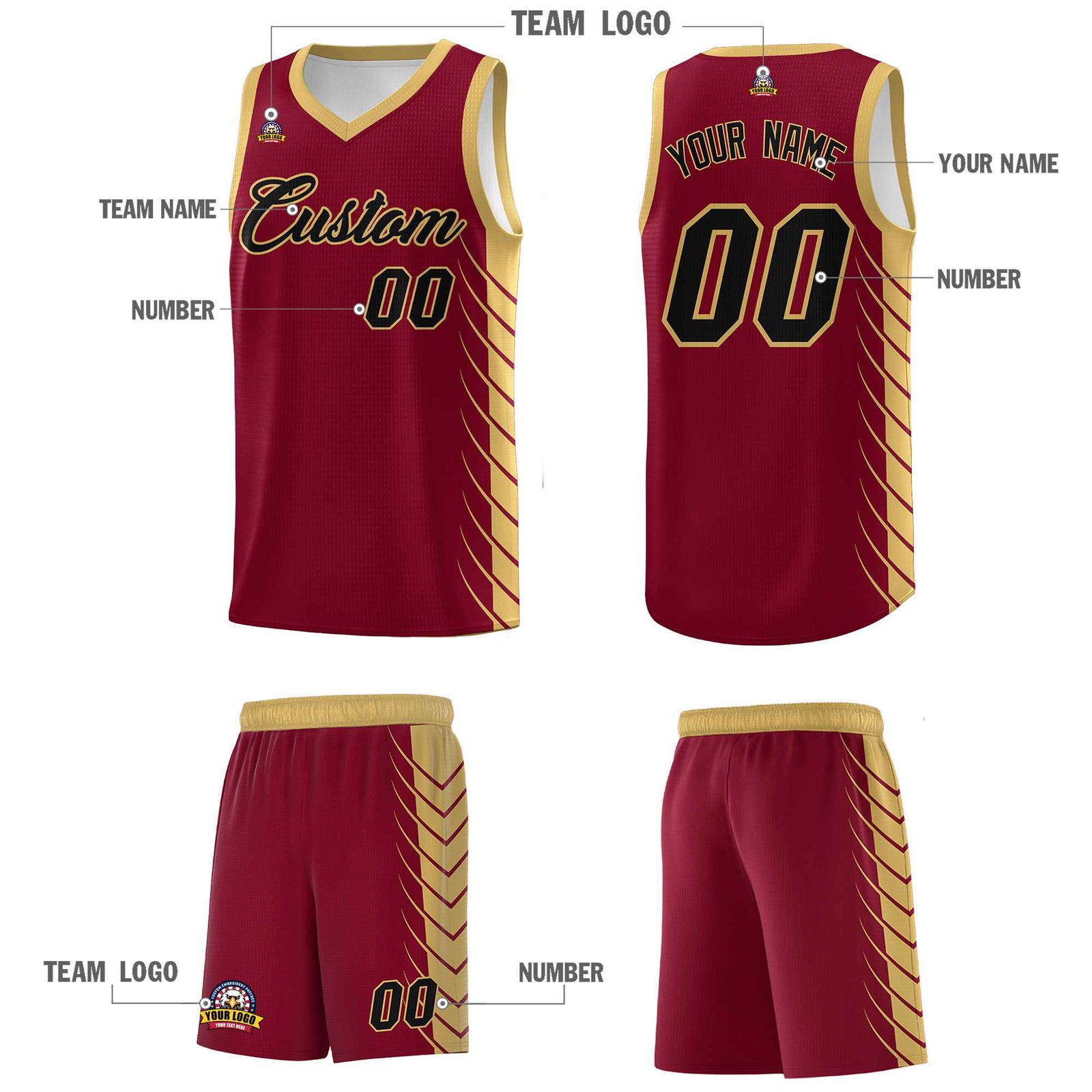 Custom Crimson Old Gold Personalized Side Symmetrical Line Pattern Sports Uniform Basketball Jersey