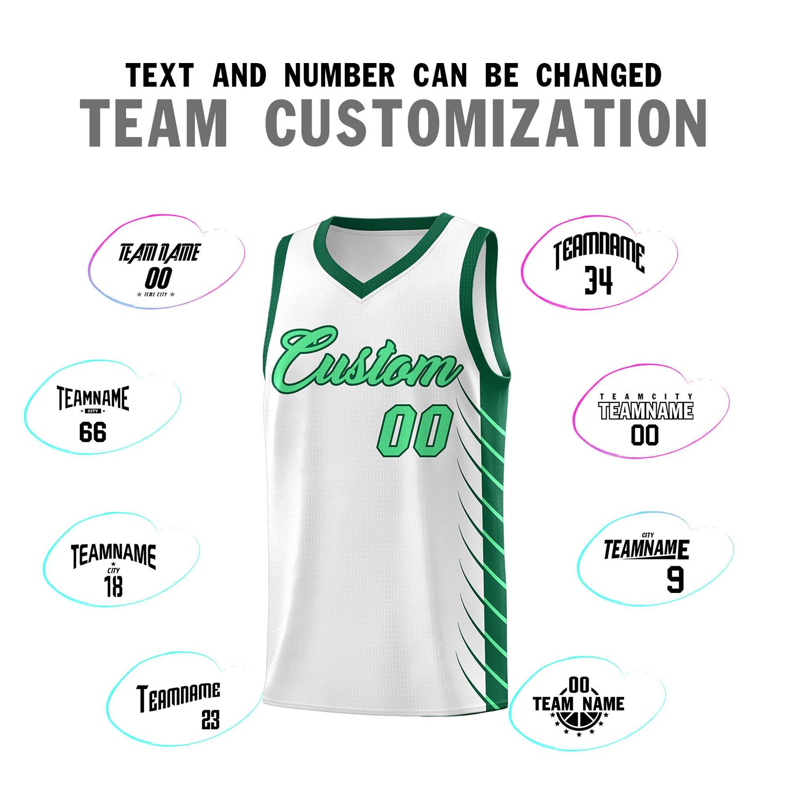 Custom White Kelly Green Personalized Side Symmetrical Line Pattern Sports Uniform Basketball Jersey