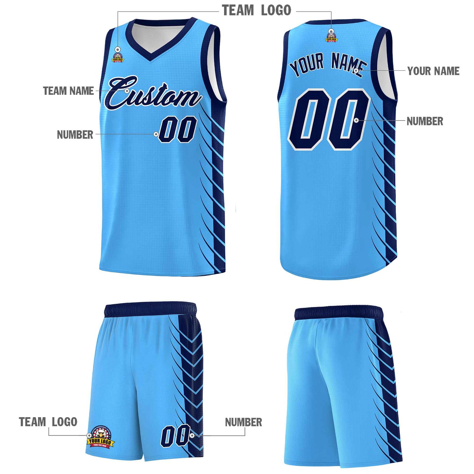 Custom Powder Blue Navy Personalized Side Symmetrical Line Pattern Sports Uniform Basketball Jersey