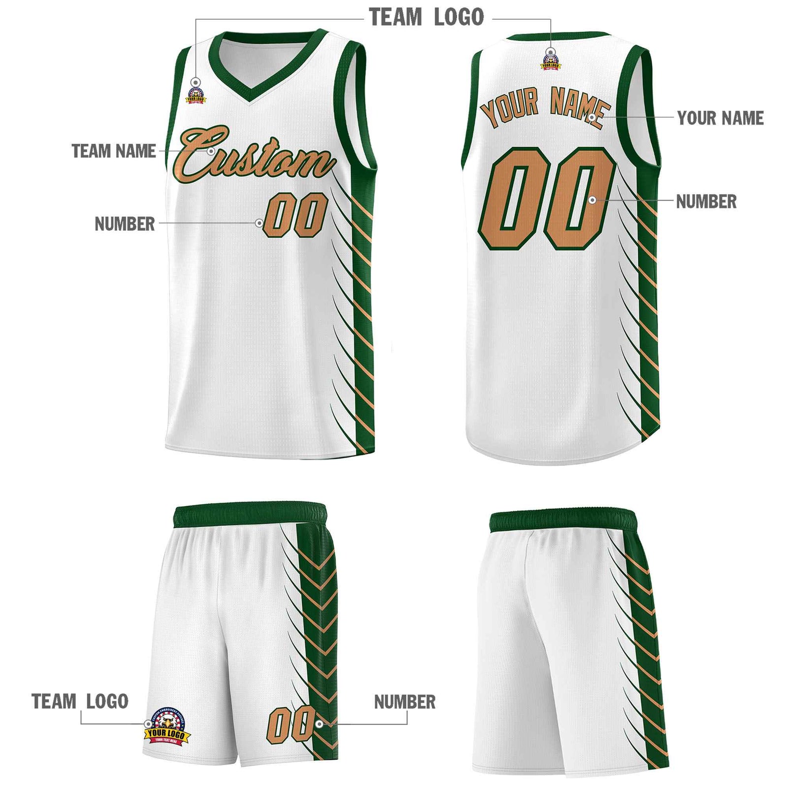 Custom White Green Personalized Side Symmetrical Line Pattern Sports Uniform Basketball Jersey