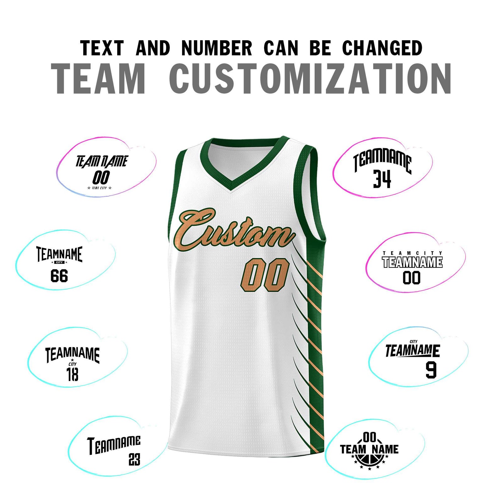 Custom White Green Personalized Side Symmetrical Line Pattern Sports Uniform Basketball Jersey
