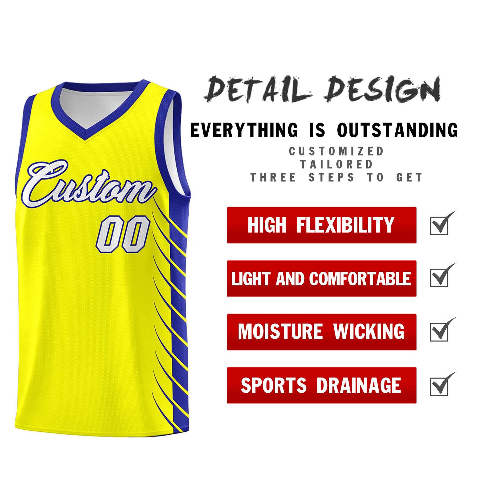 Custom Fluorescent Yellow Royal Personalized Side Symmetrical Line Pattern Sports Uniform Basketball Jersey