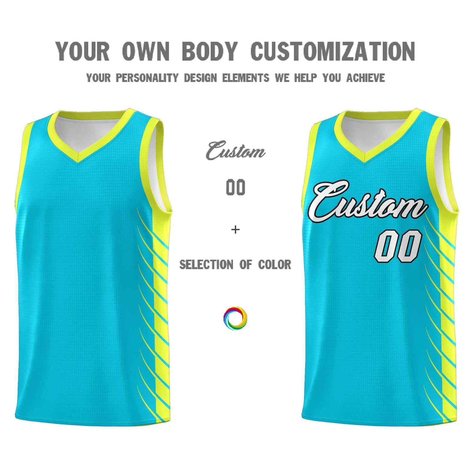 Custom Sky Blue Fluorescent Green Personalized Side Symmetrical Line Pattern Sports Uniform Basketball Jersey