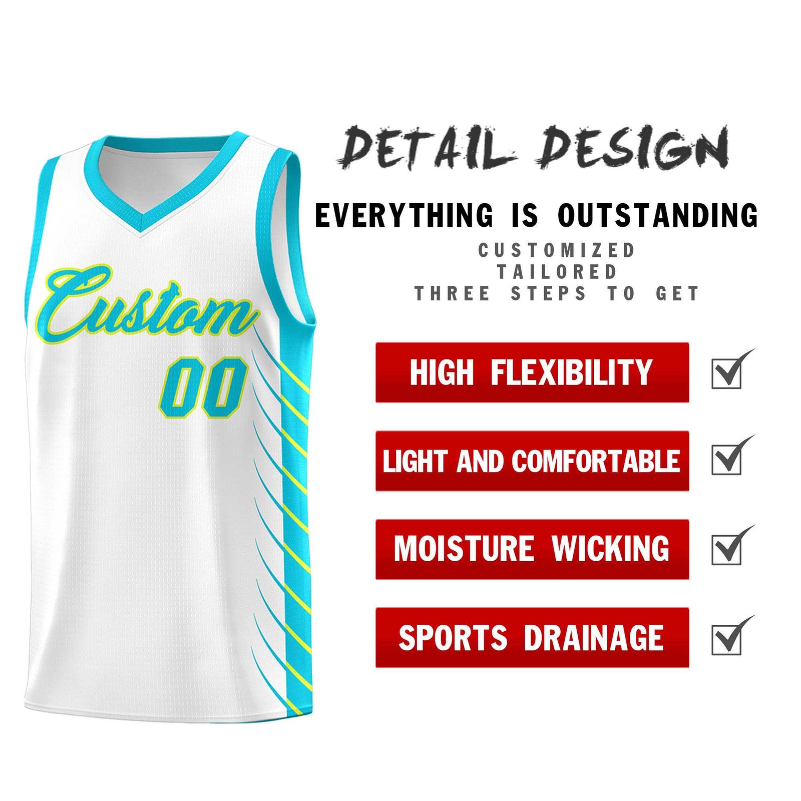 Custom White Sky Blue Personalized Side Symmetrical Line Pattern Sports Uniform Basketball Jersey