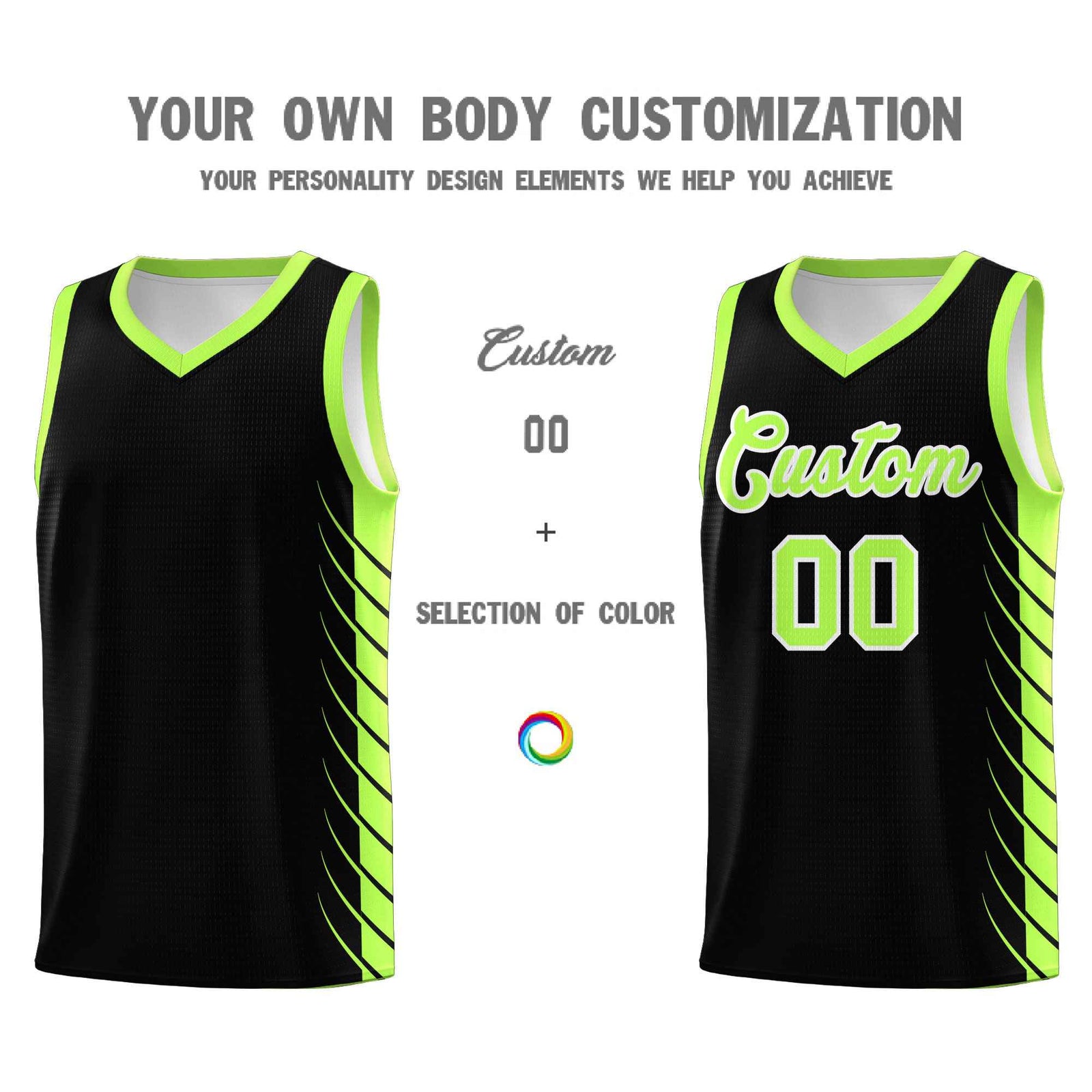 Custom Black Fluorescent Green Personalized Side Symmetrical Line Pattern Sports Uniform Basketball Jersey| KXKSHOP