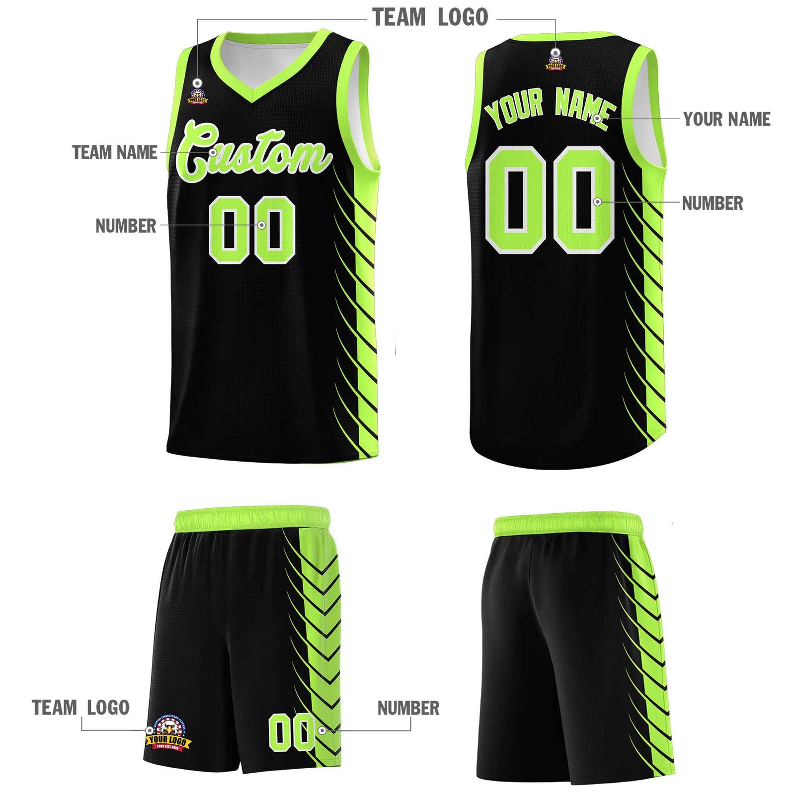 Custom Black Fluorescent Green Personalized Side Symmetrical Line Pattern Sports Uniform Basketball Jersey