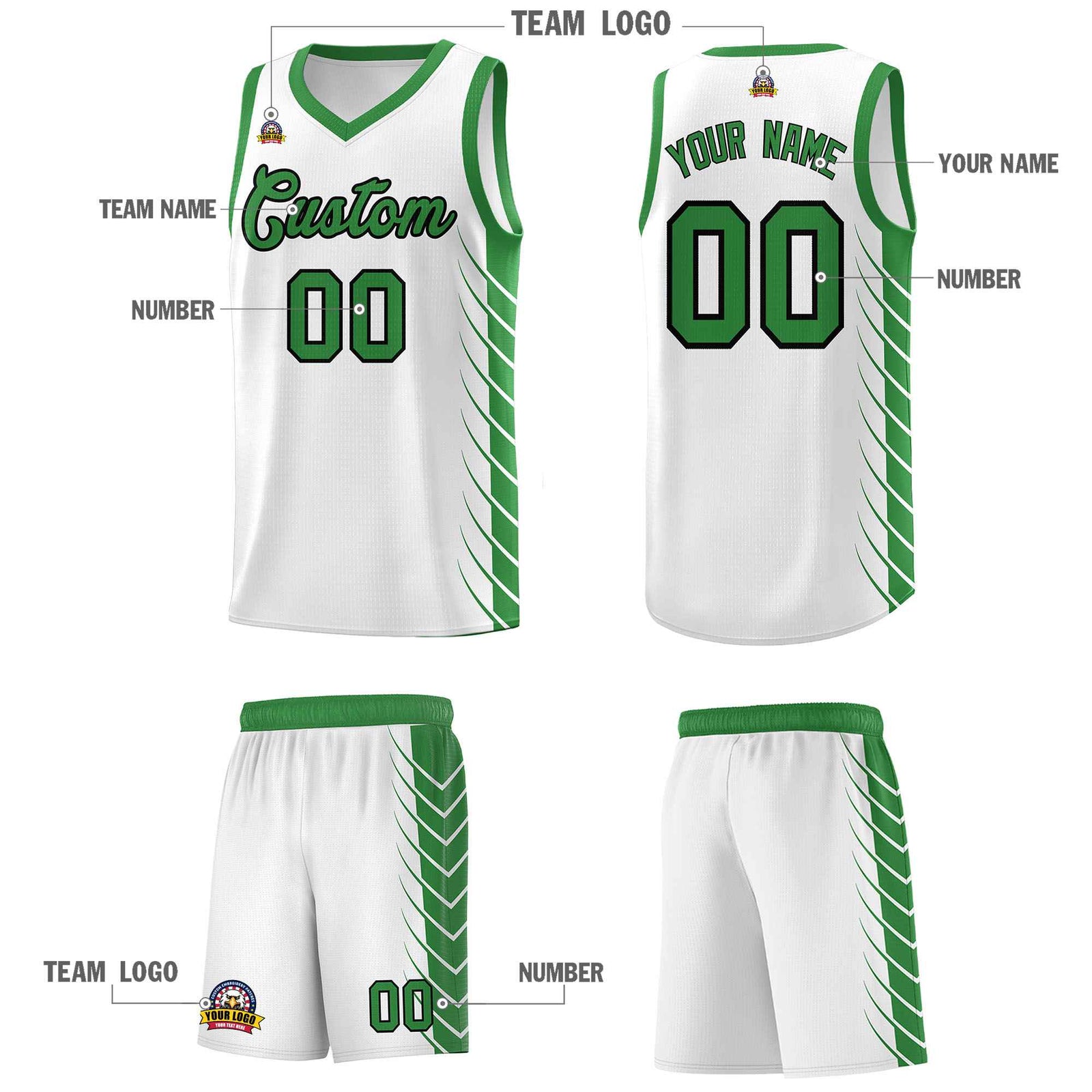 Custom White Kelly Green Personalized Side Symmetrical Line Pattern Sports Uniform Basketball Jersey