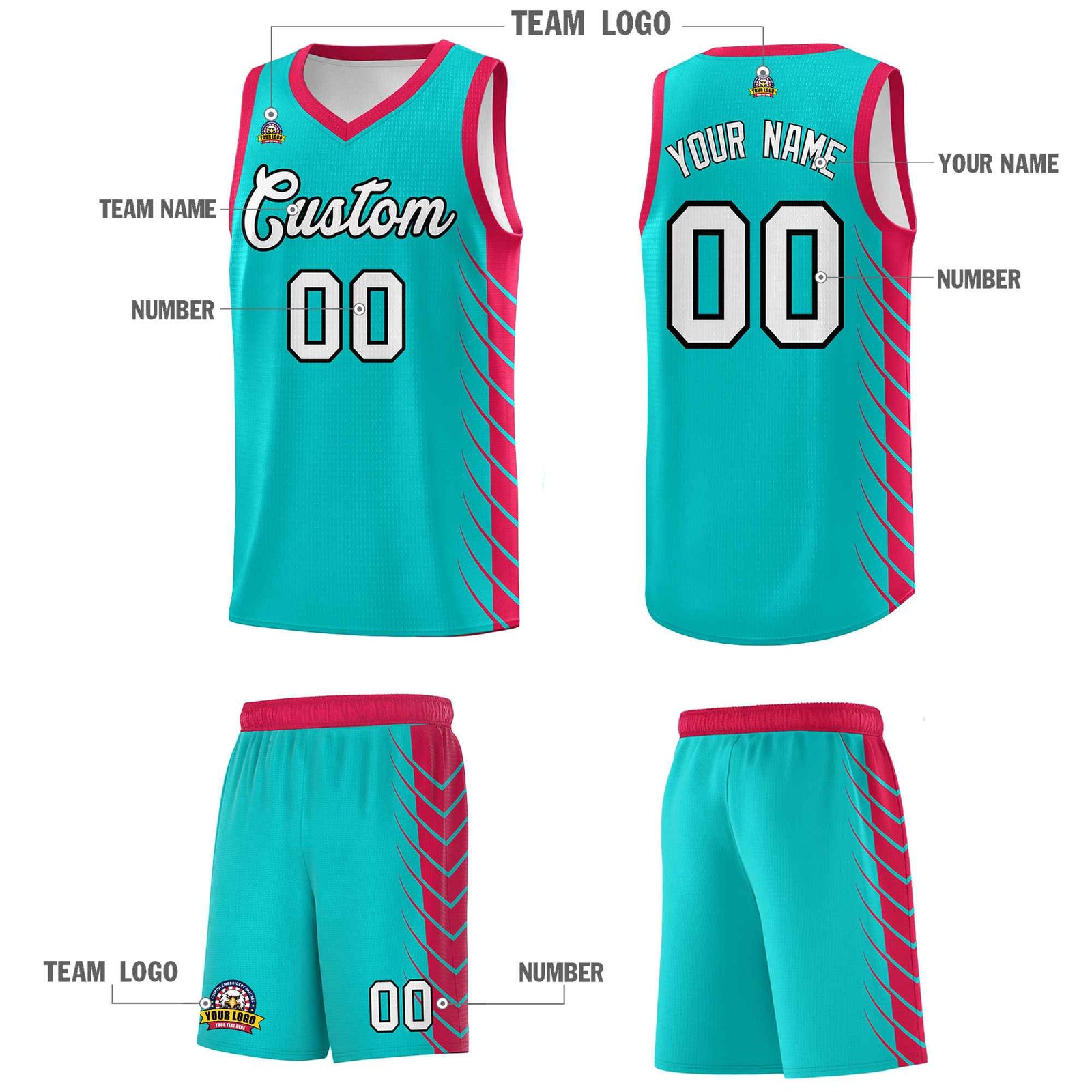 Custom Aqua Red Personalized Side Symmetrical Line Pattern Sports Uniform Basketball Jersey