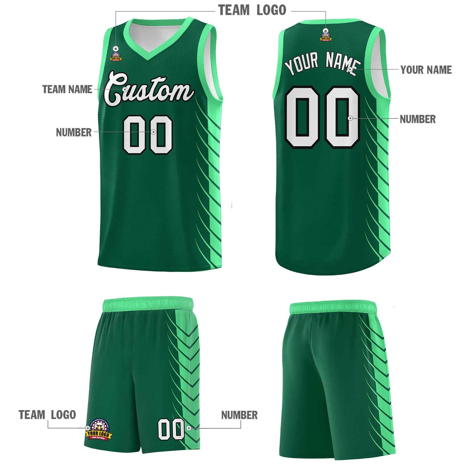 Custom Kelly Green Green Personalized Side Symmetrical Line Pattern Sports Uniform Basketball Jersey