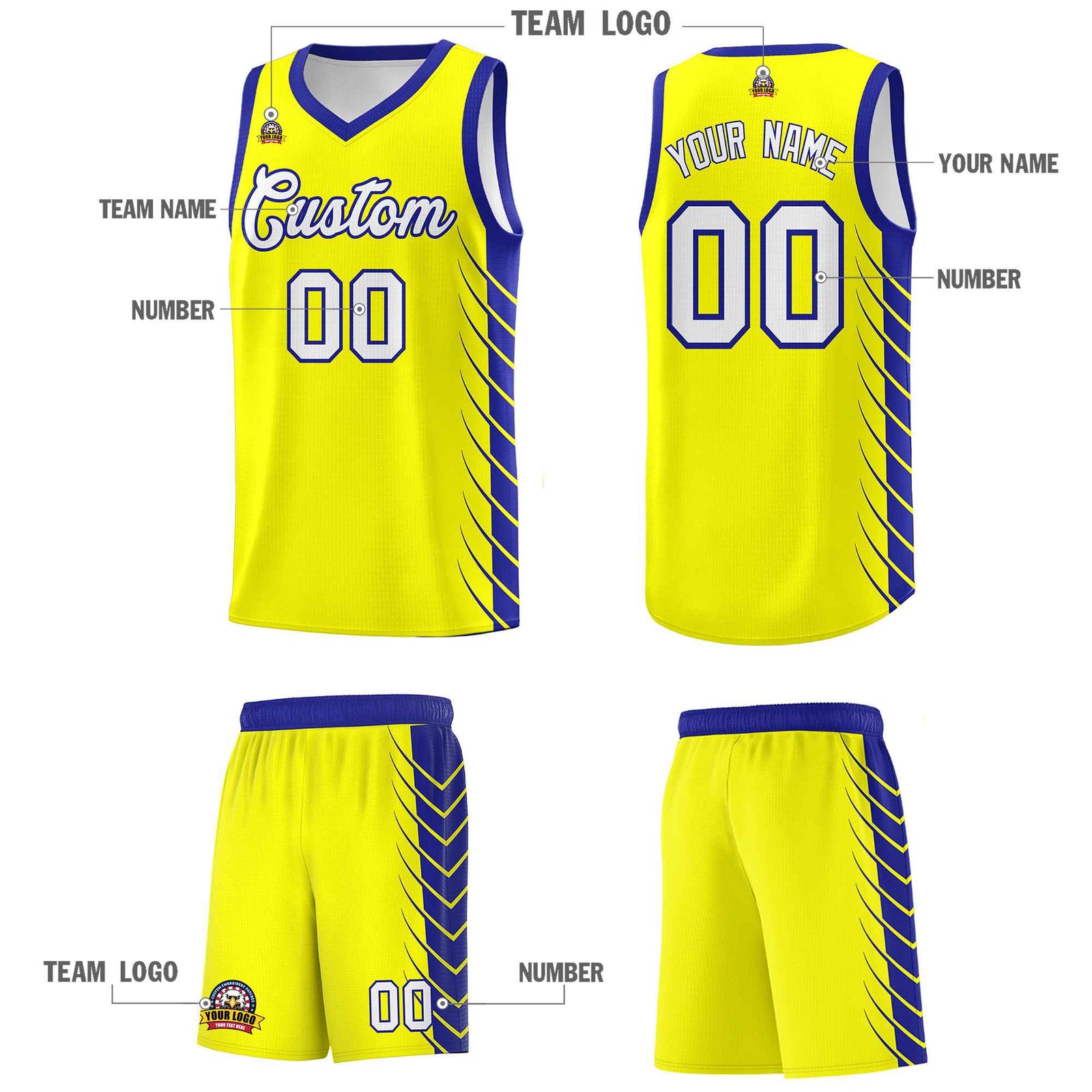 Custom Fluorescent Yellow Royal Personalized Side Symmetrical Line Pattern Sports Uniform Basketball Jersey