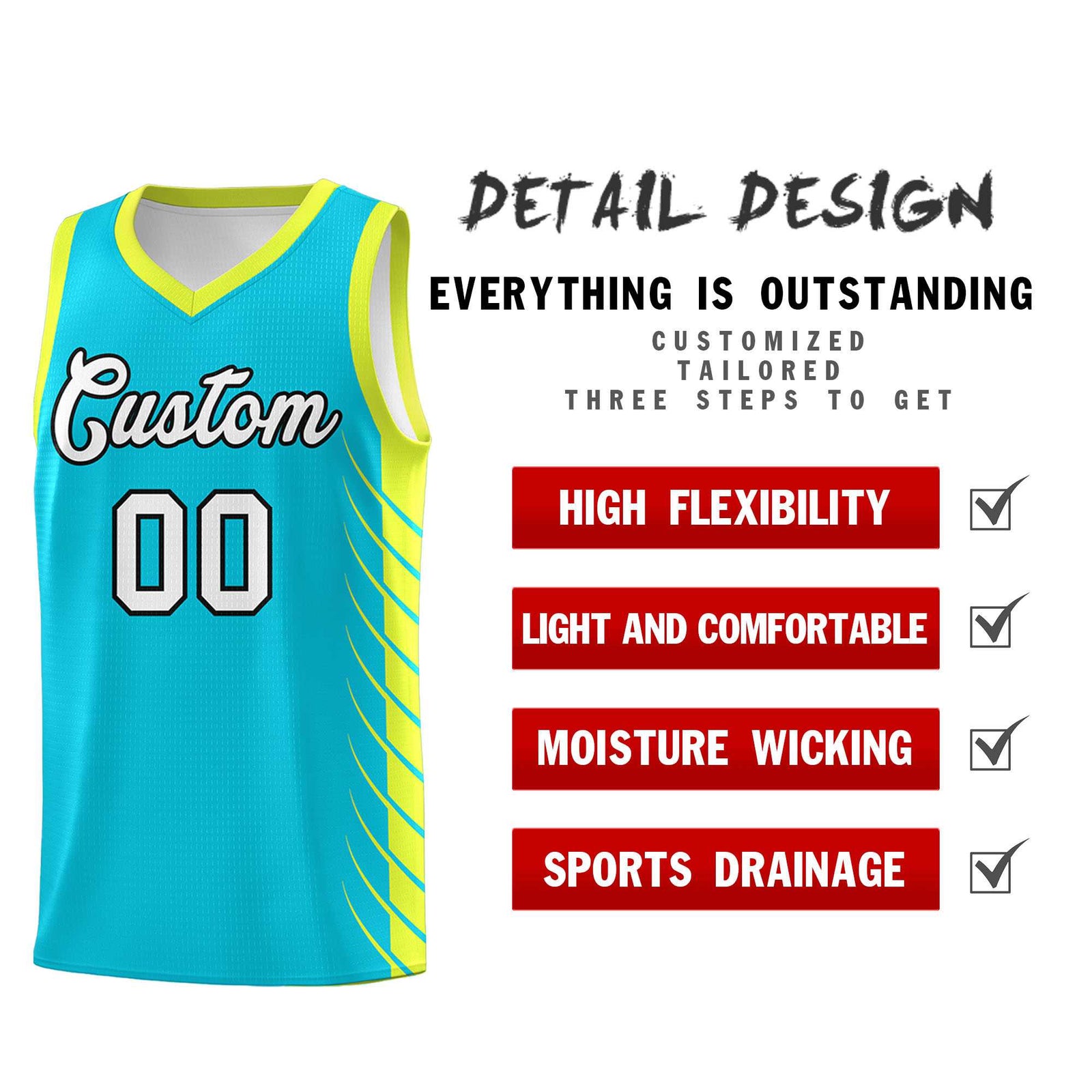 Custom Sky Blue Fluorescent Green Personalized Side Symmetrical Line Pattern Sports Uniform Basketball Jersey| KXKSHOP
