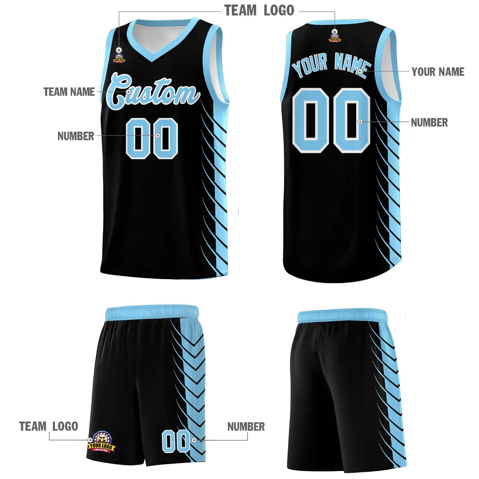 Custom Black Light Blue Personalized Side Symmetrical Line Pattern Sports Uniform Basketball Jersey| KXKSHOP