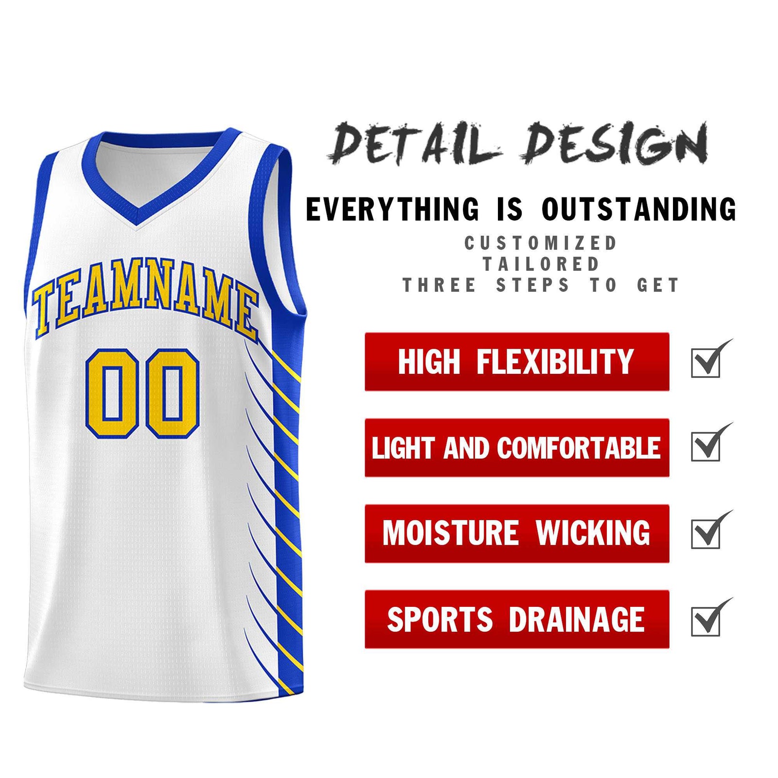 Custom White Royal Personalized Side Symmetrical Line Pattern Sports Uniform Basketball Jersey
