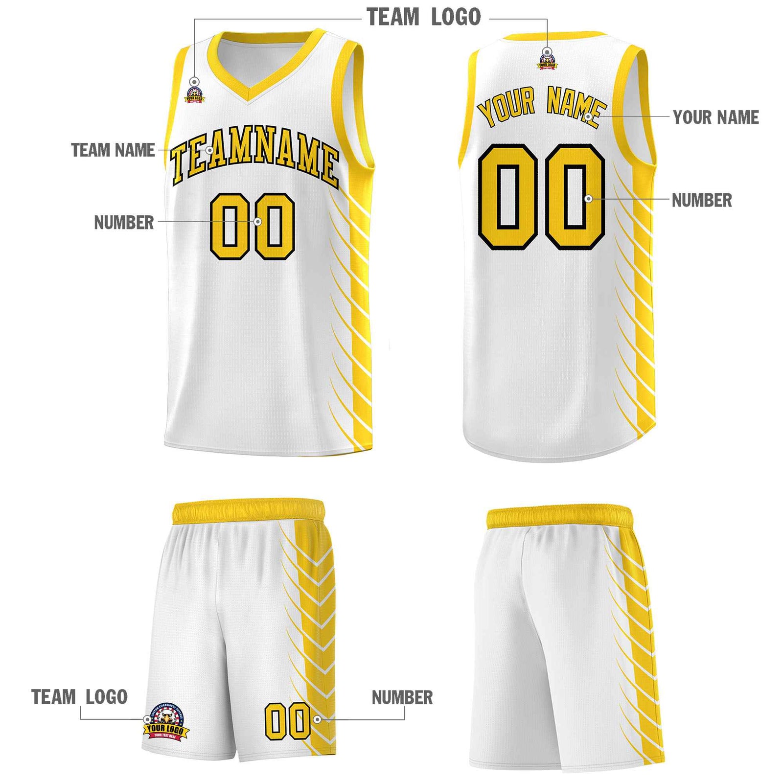Custom White Gold Personalized Side Symmetrical Line Pattern Sports Uniform Basketball Jersey
