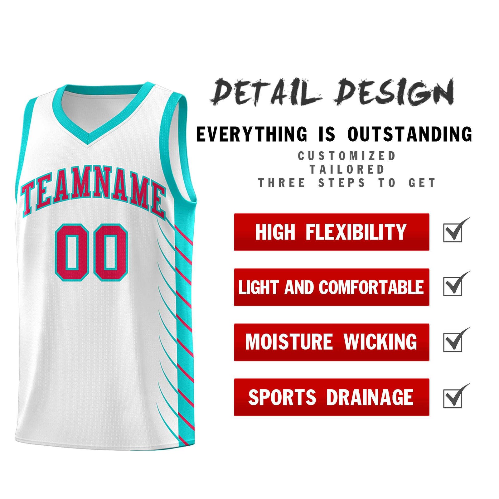 Custom White Aqua Personalized Side Symmetrical Line Pattern Sports Uniform Basketball Jersey