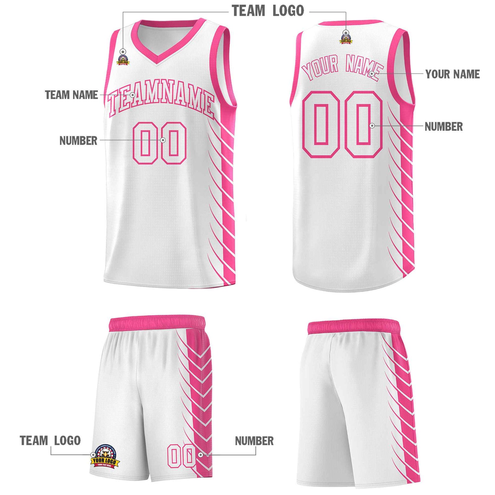 Custom White Pink Personalized Side Symmetrical Line Pattern Sports Uniform Basketball Jersey