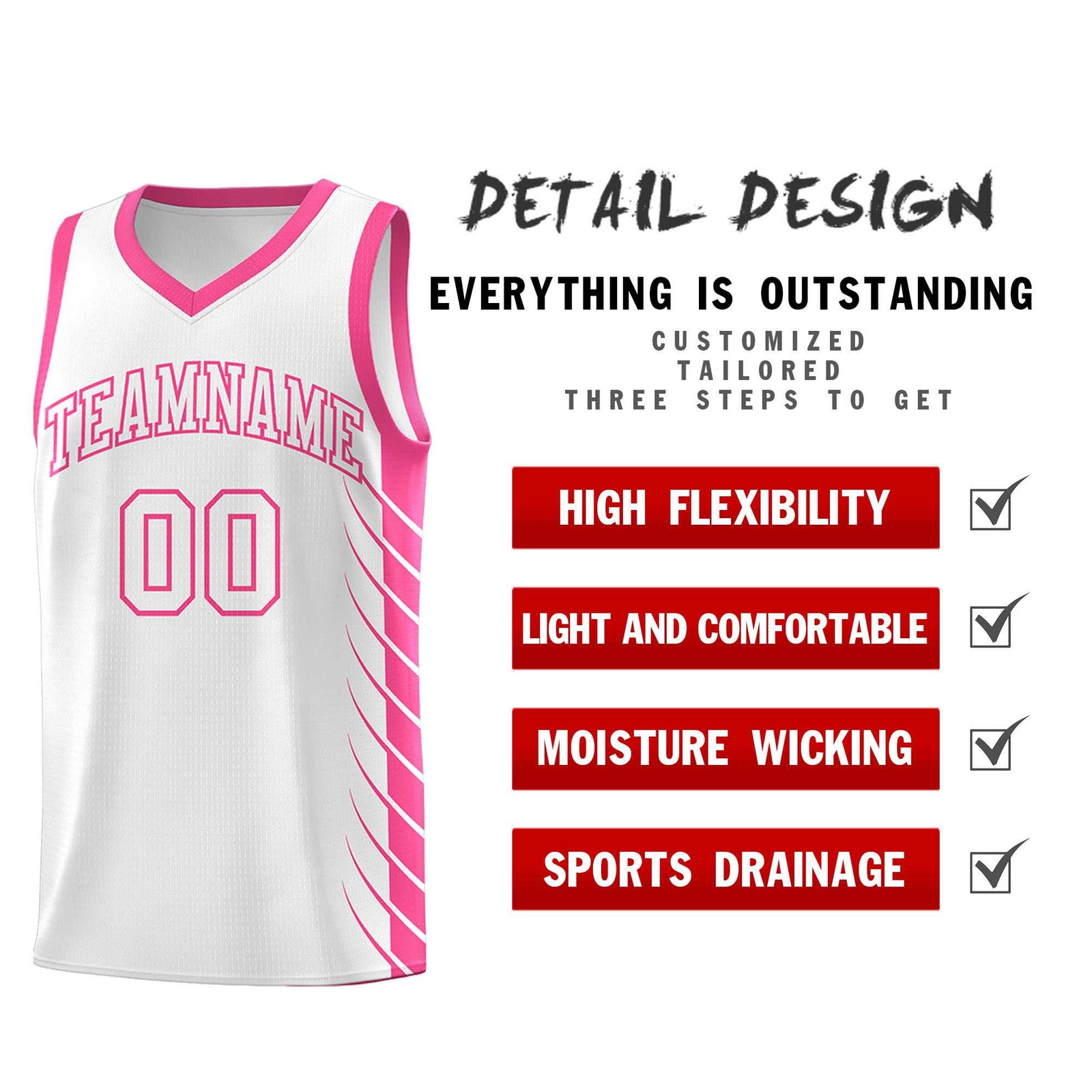 Custom White Pink Personalized Side Symmetrical Line Pattern Sports Uniform Basketball Jersey