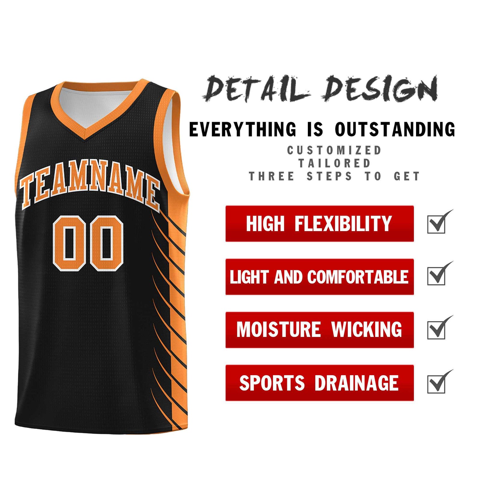 Custom Black Gold Orange Personalized Side Symmetrical Line Pattern Sports Uniform Basketball Jersey