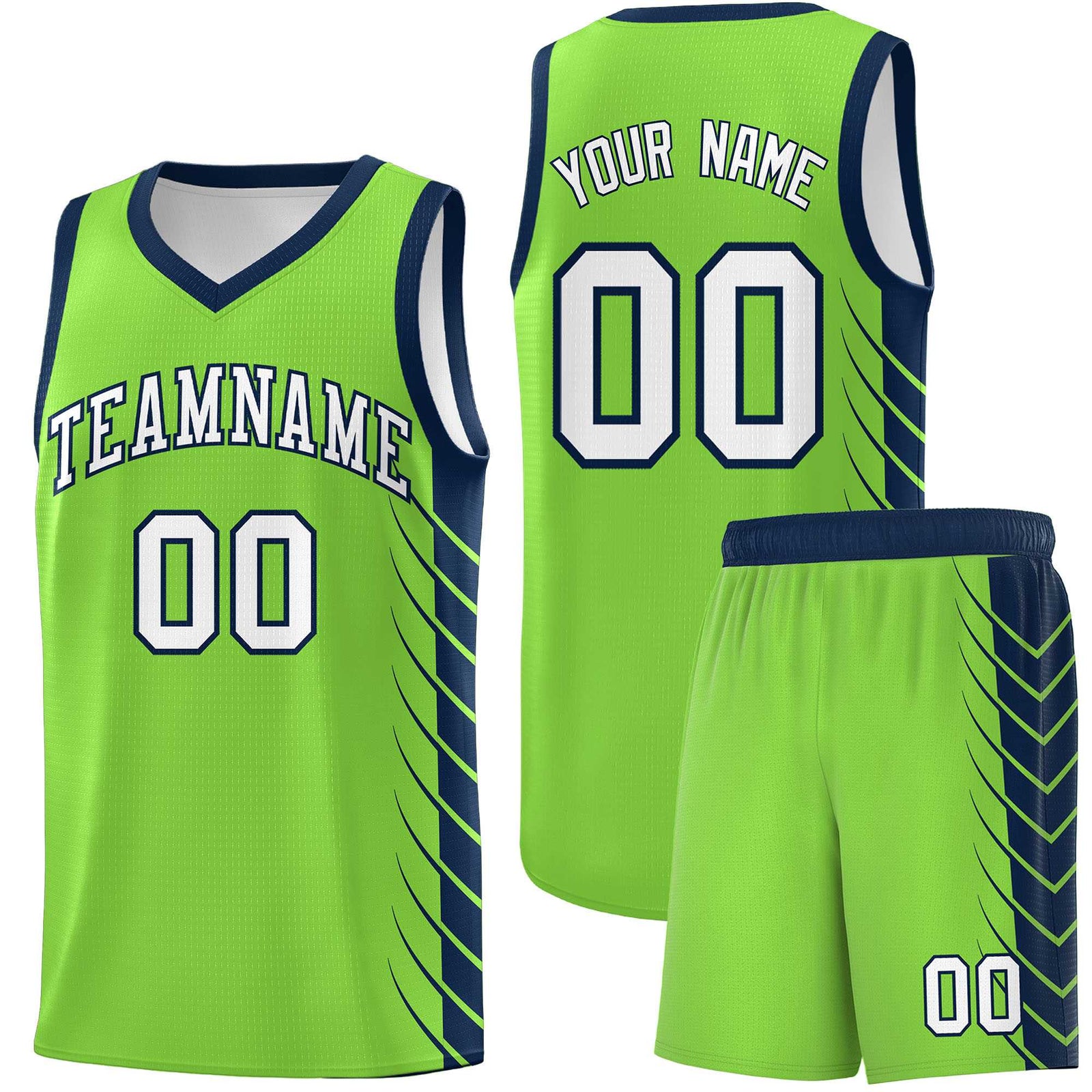 Custom Fluorescent Green Navy Personalized Side Symmetrical Line Pattern Sports Uniform Basketball Jersey