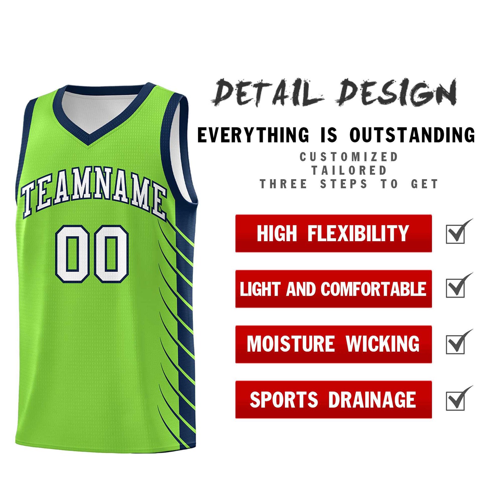 Custom Fluorescent Green Navy Personalized Side Symmetrical Line Pattern Sports Uniform Basketball Jersey