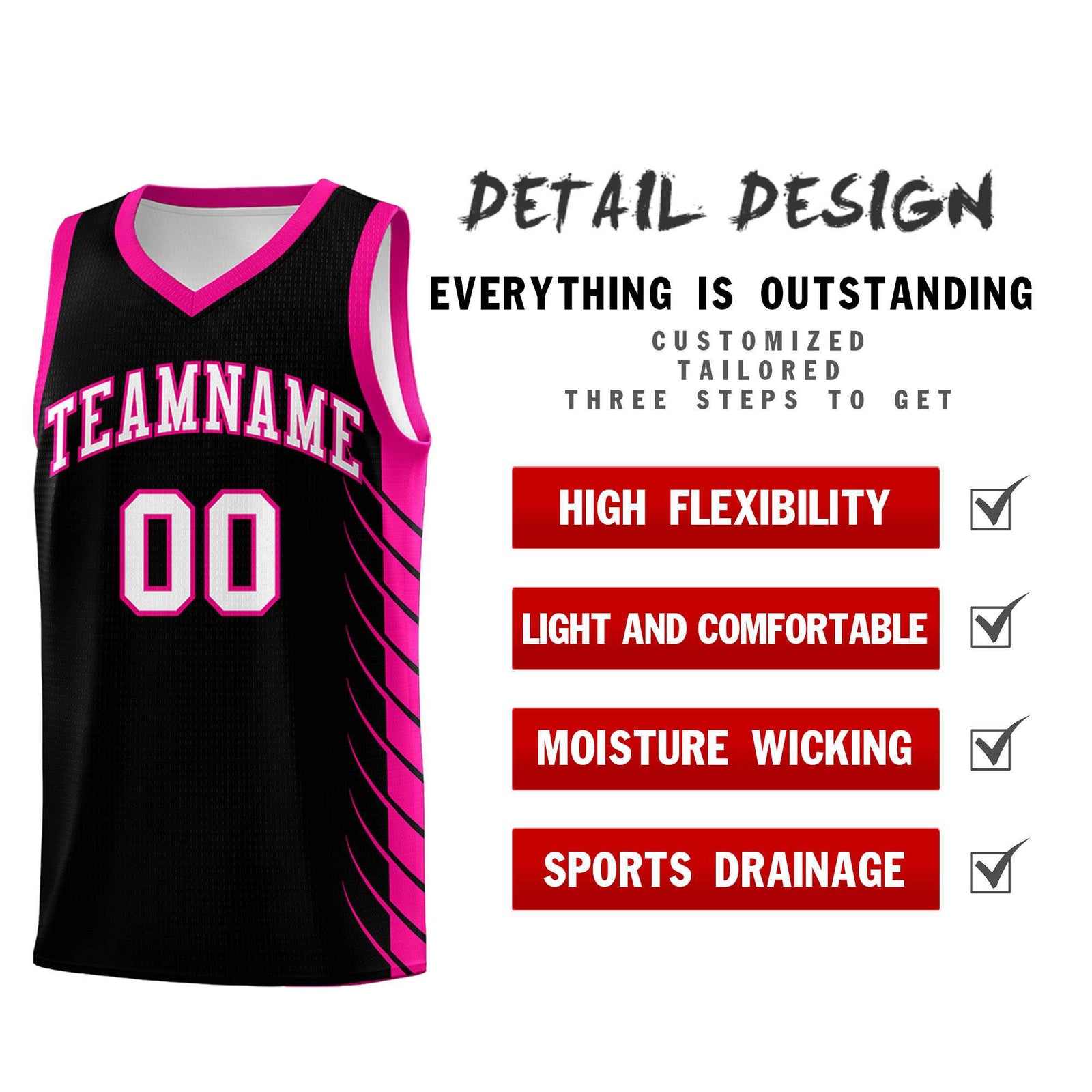 Custom Black Pink Personalized Side Symmetrical Line Pattern Sports Uniform Basketball Jersey