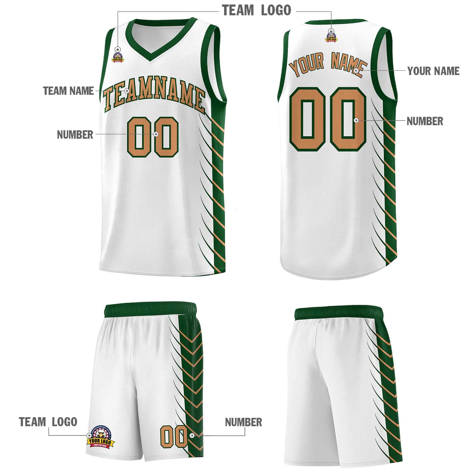 Custom White Green Personalized Side Symmetrical Line Pattern Sports Uniform Basketball Jersey