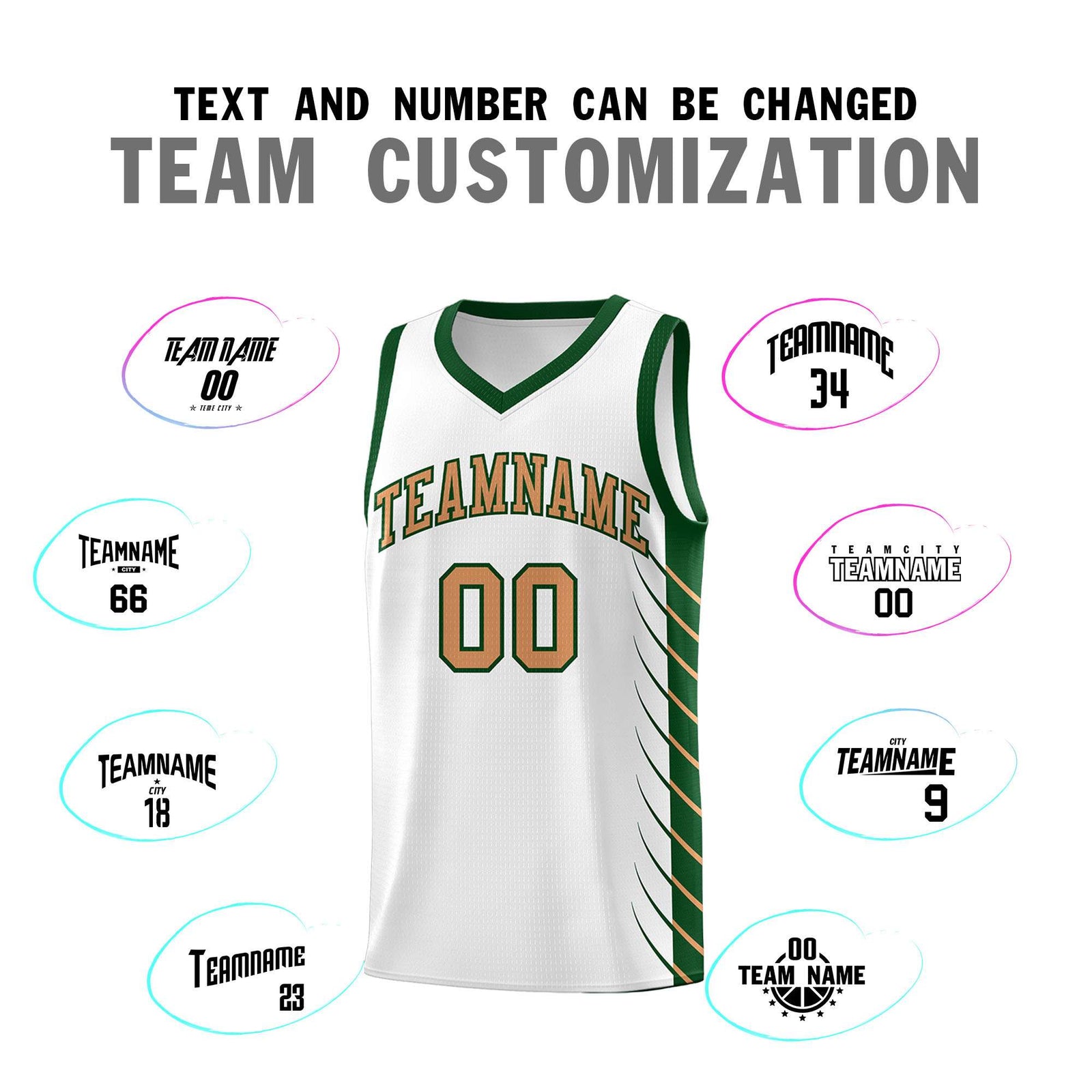 Custom White Green Personalized Side Symmetrical Line Pattern Sports Uniform Basketball Jersey