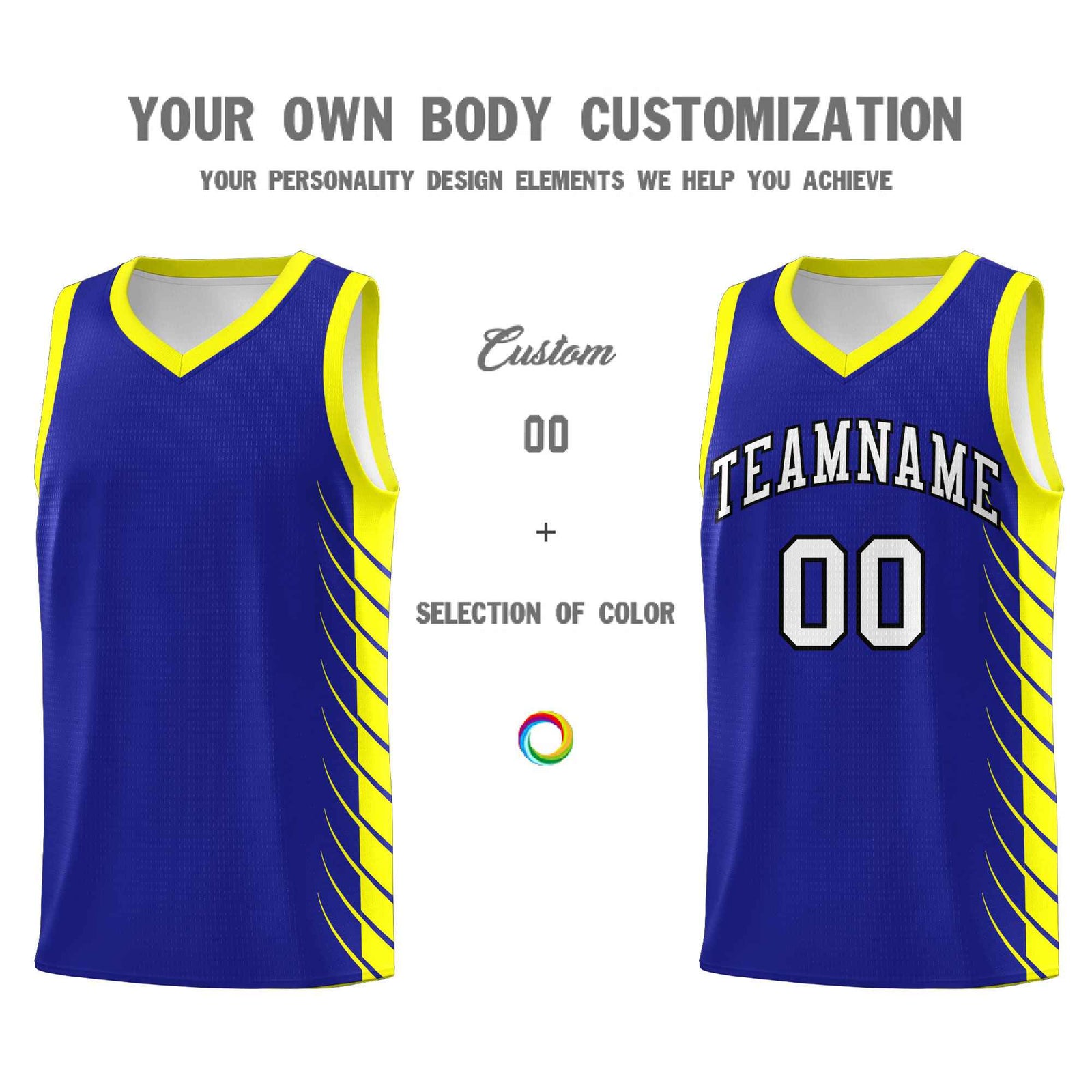 Custom Royal Fluorescent Yellow Personalized Side Symmetrical Line Pattern Sports Uniform Basketball Jersey