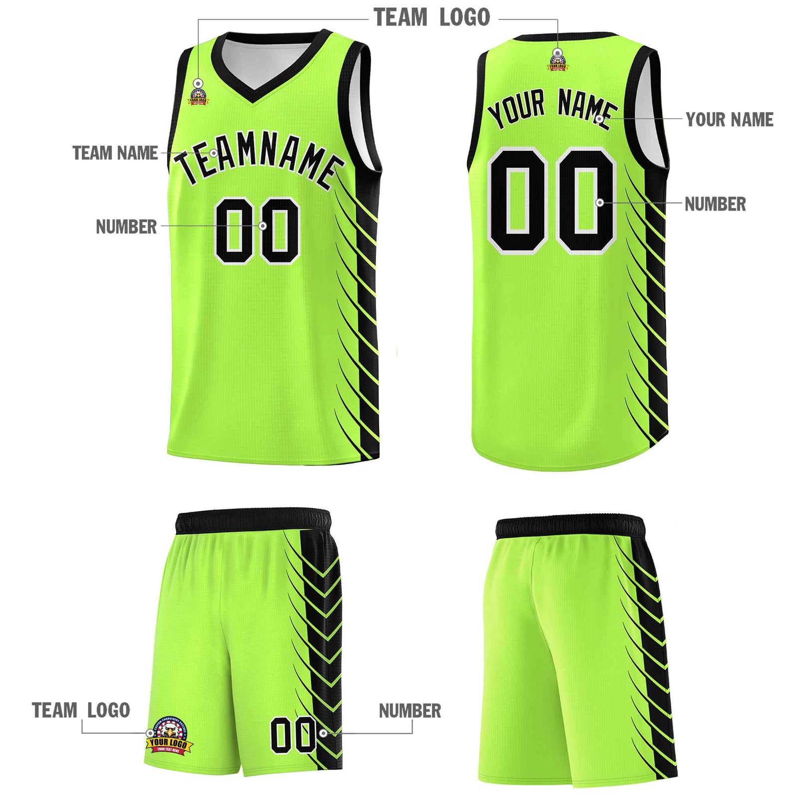 Custom Fluorescent Green Black Personalized Side Symmetrical Line Pattern Sports Uniform Basketball Jersey