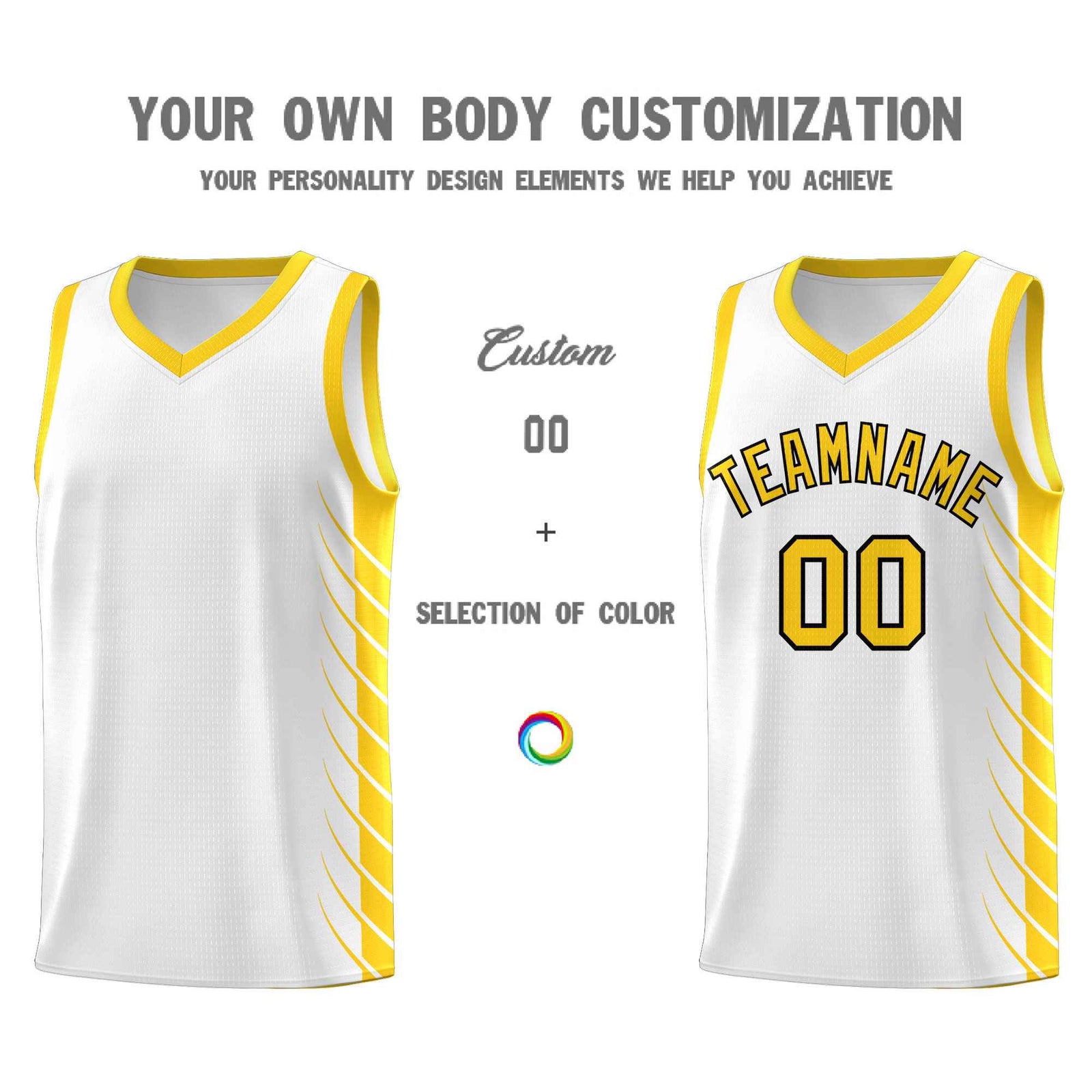 Custom White Gold Personalized Side Symmetrical Line Pattern Sports Uniform Basketball Jersey