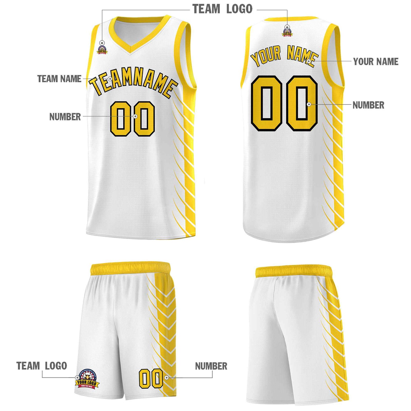 Custom White Gold Personalized Side Symmetrical Line Pattern Sports Uniform Basketball Jersey