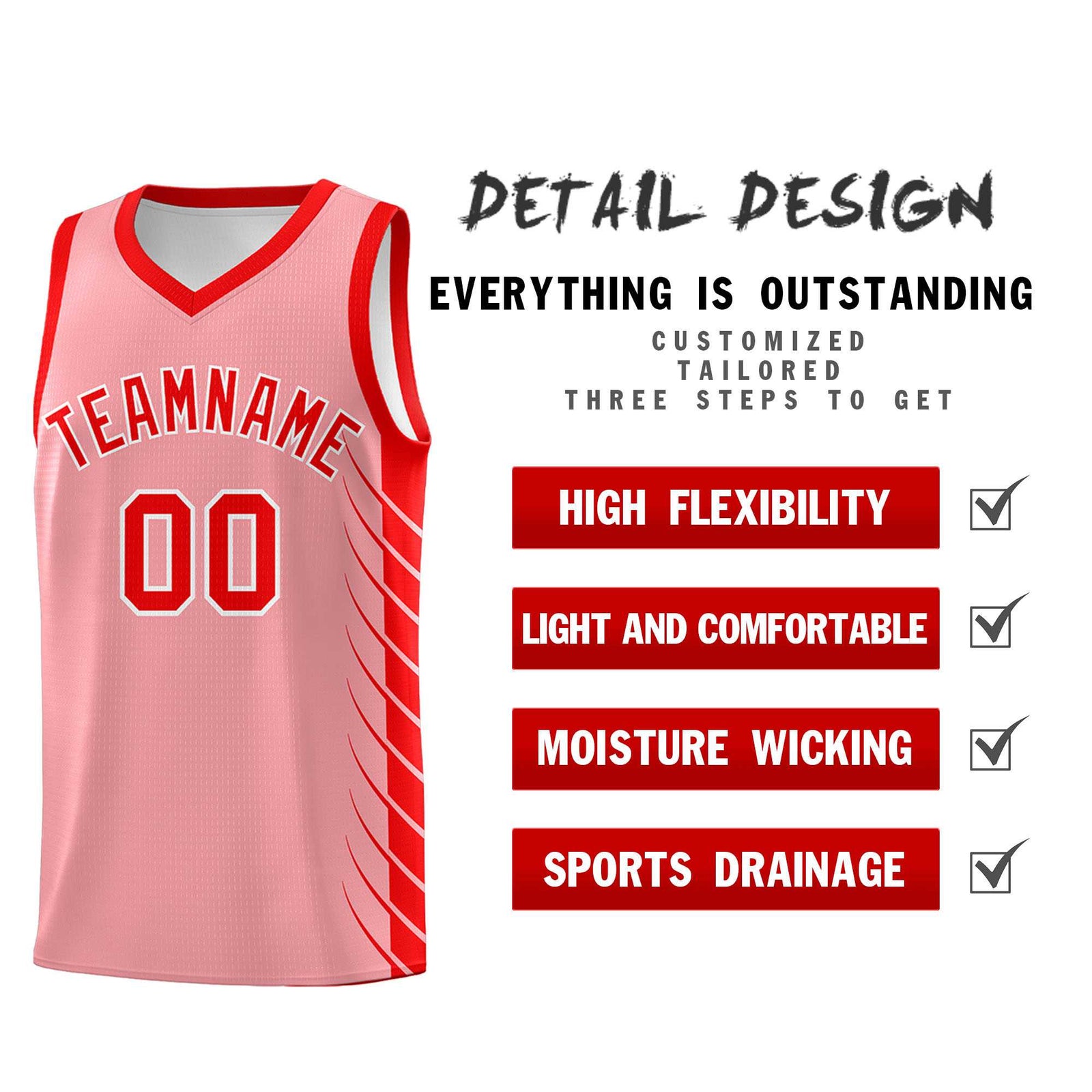 Custom Light Pink Light Red Personalized Side Symmetrical Line Pattern Sports Uniform Basketball Jersey