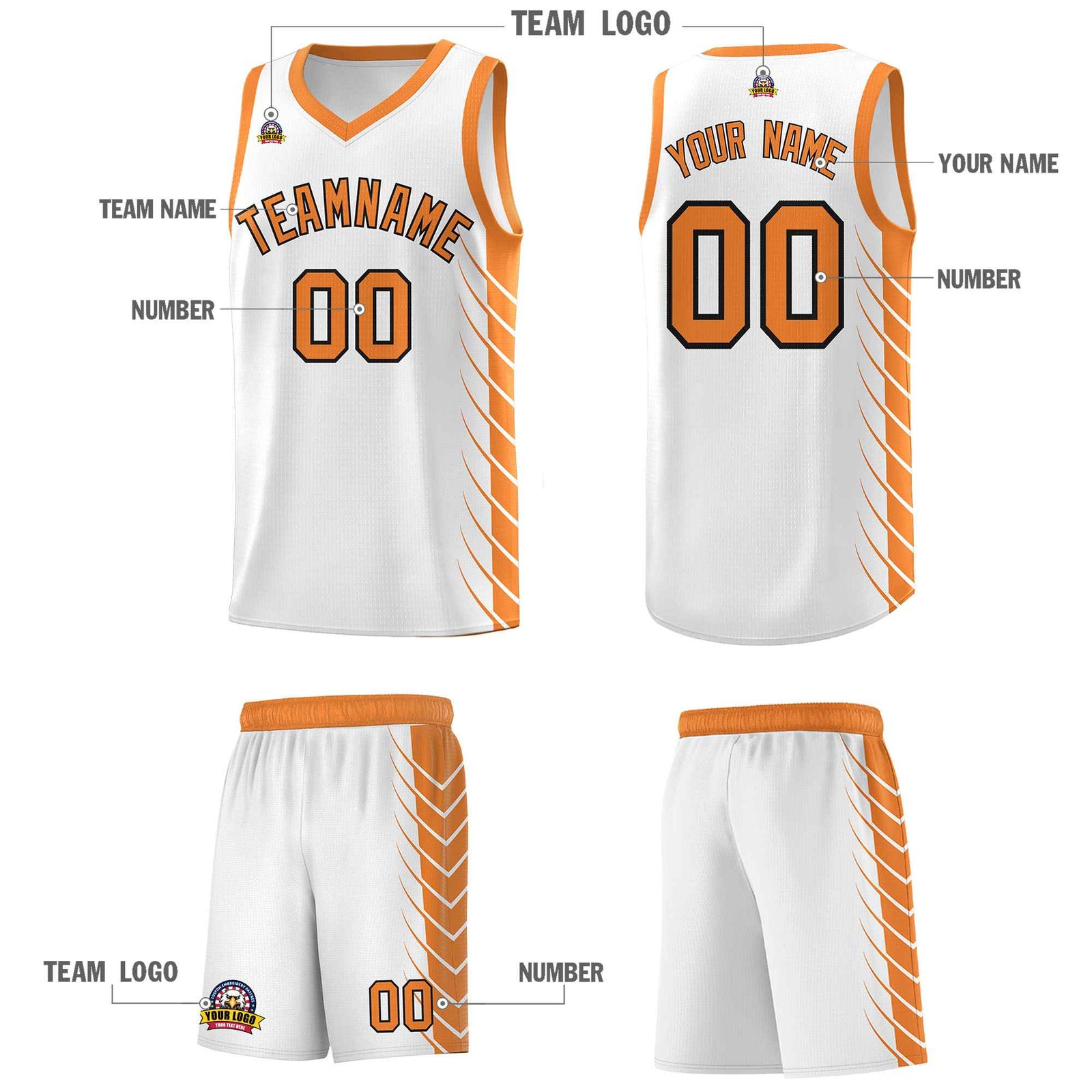 Custom White Gold Orange Personalized Side Symmetrical Line Pattern Sports Uniform Basketball Jersey