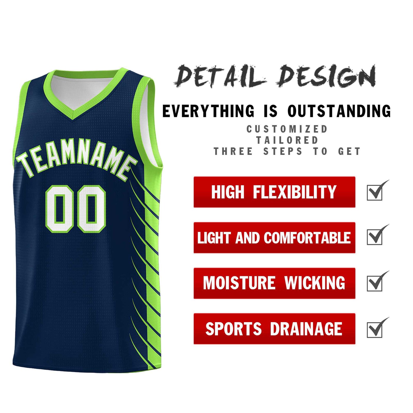 Custom Navy Fluorescent Green Personalized Side Symmetrical Line Pattern Sports Uniform Basketball Jersey