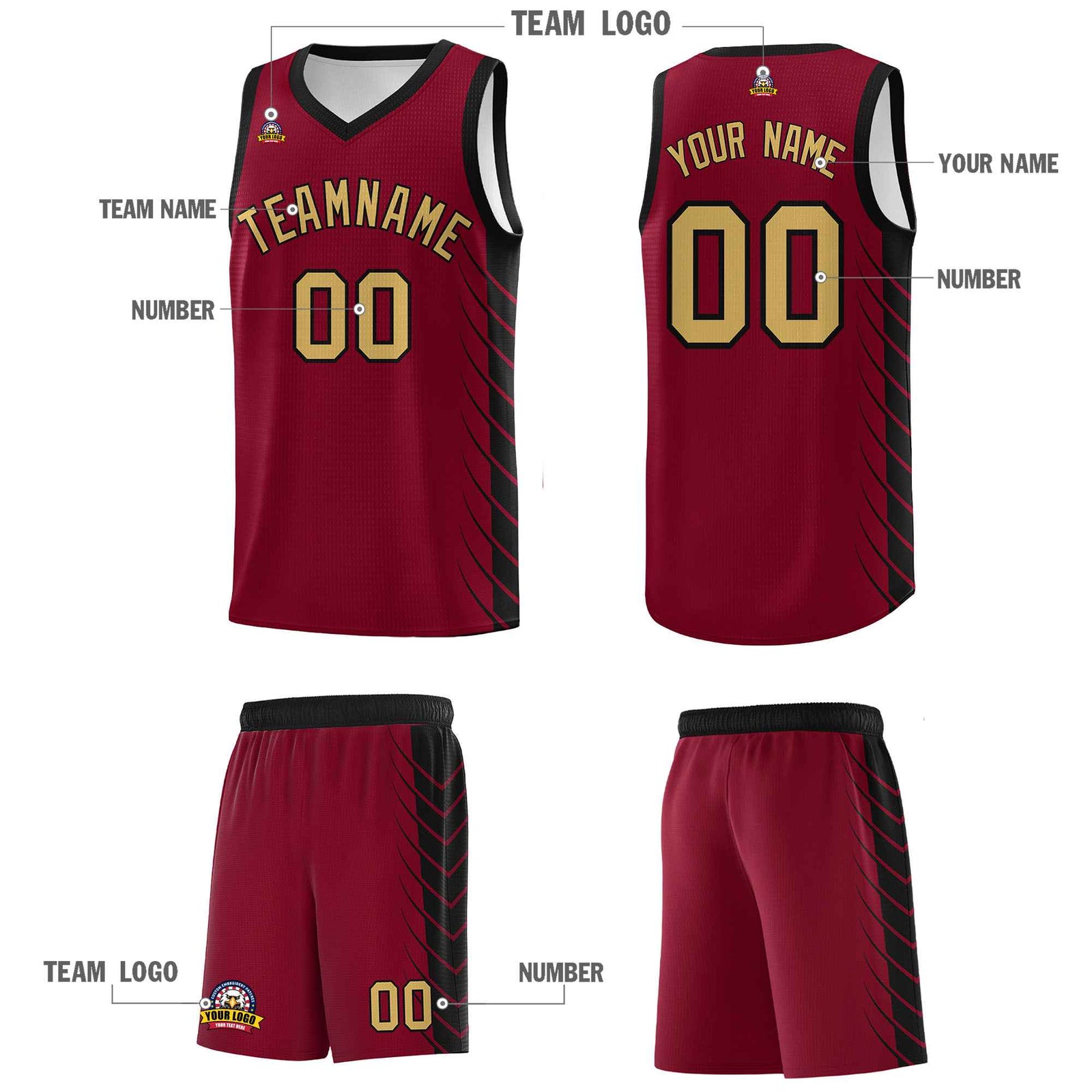 Custom Crimson Black Personalized Side Symmetrical Line Pattern Sports Uniform Basketball Jersey