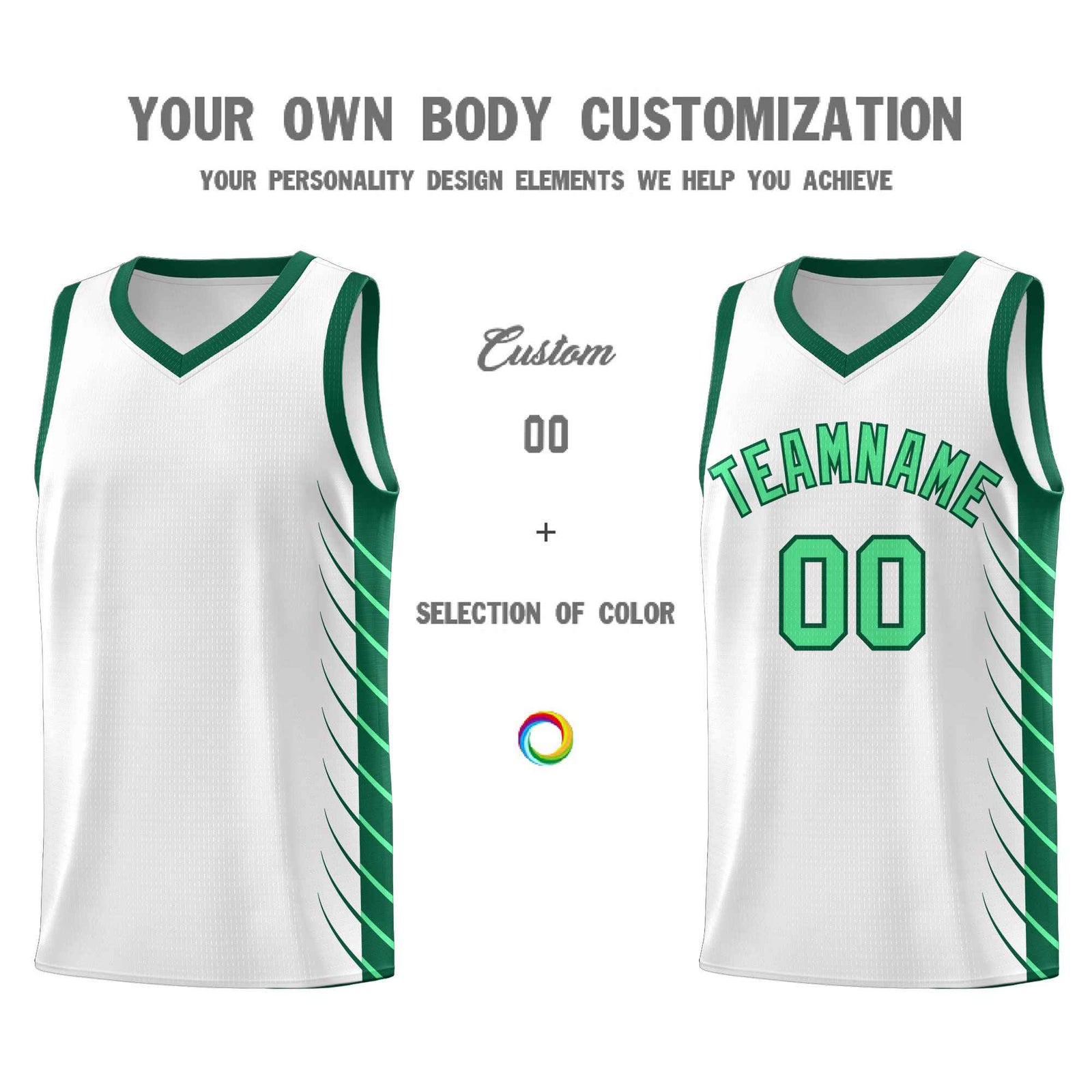 Custom White Kelly Green Personalized Side Symmetrical Line Pattern Sports Uniform Basketball Jersey