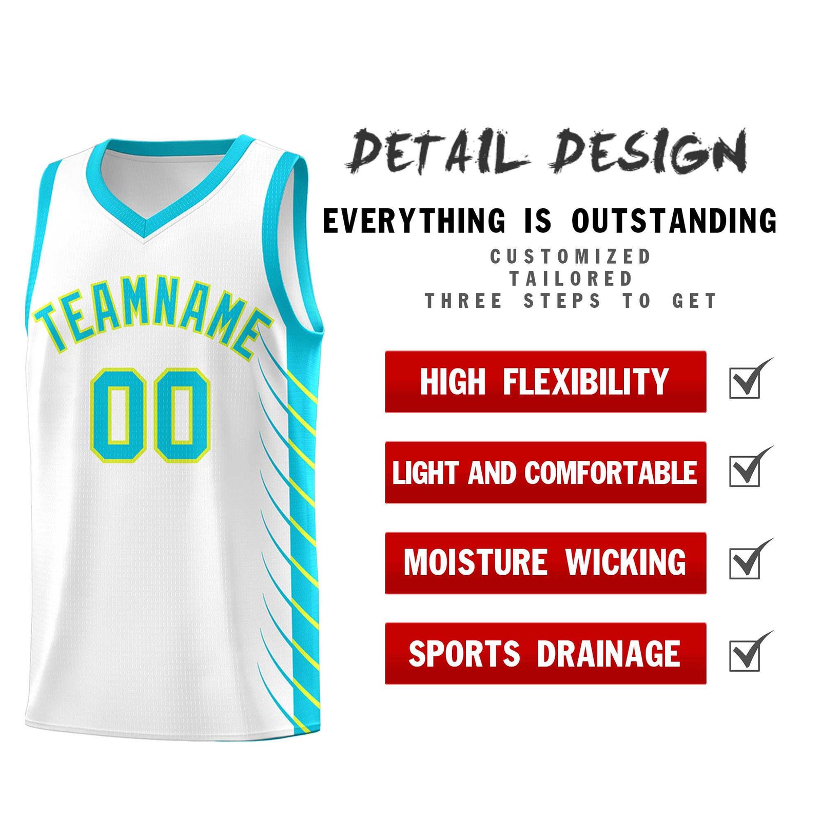 Custom White Sky Blue Personalized Side Symmetrical Line Pattern Sports Uniform Basketball Jersey