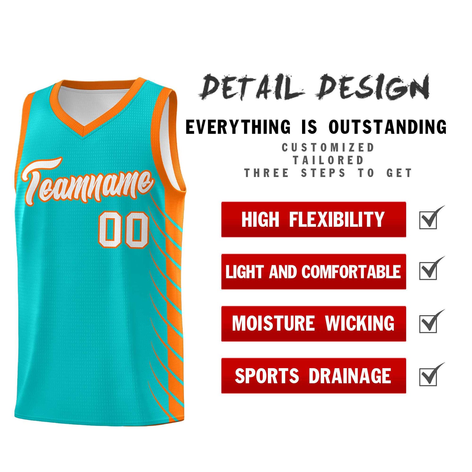 Custom Aqua Orange Personalized Side Symmetrical Line Pattern Sports Uniform Basketball Jersey