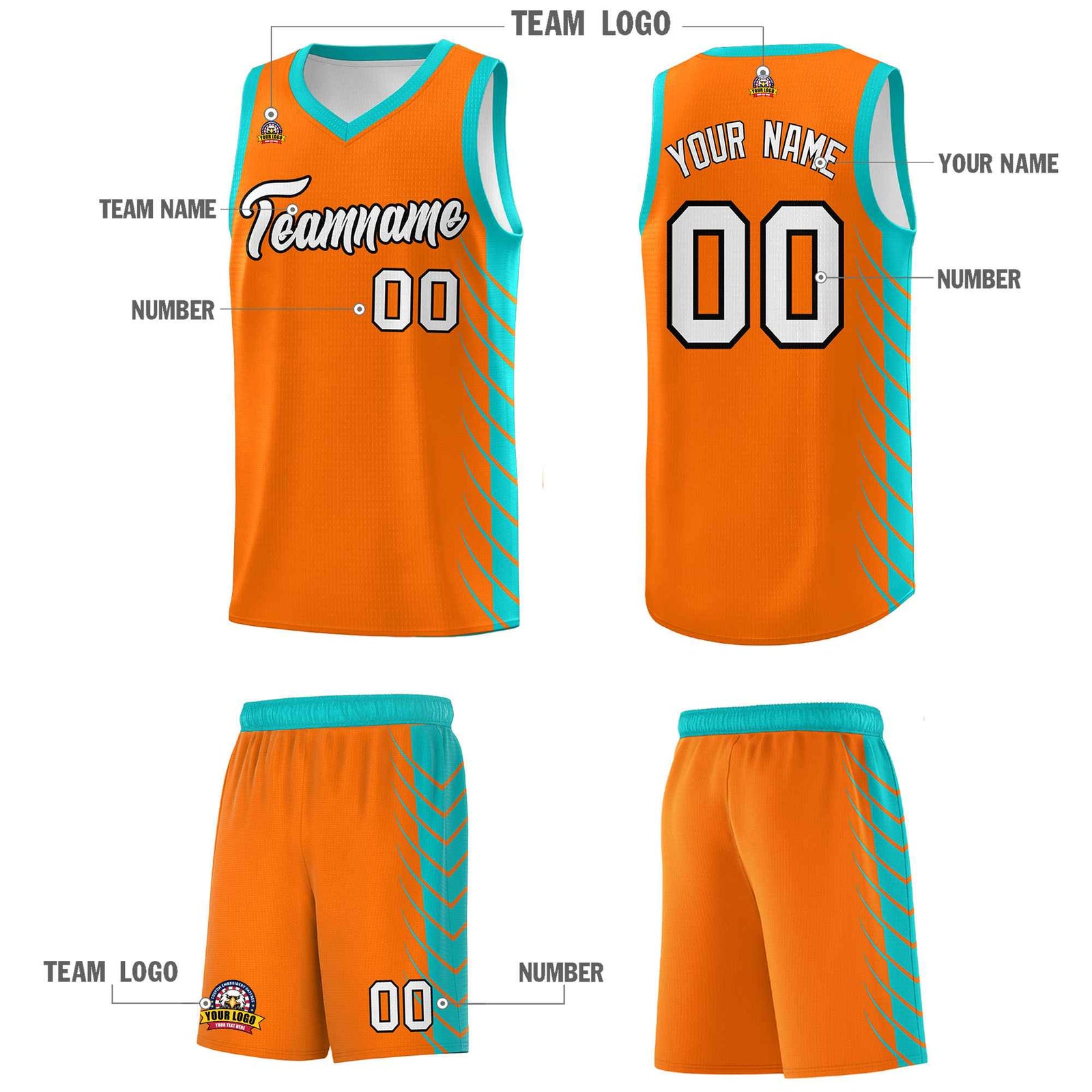 Custom Orange Aqua Personalized Side Symmetrical Line Pattern Sports Uniform Basketball Jersey