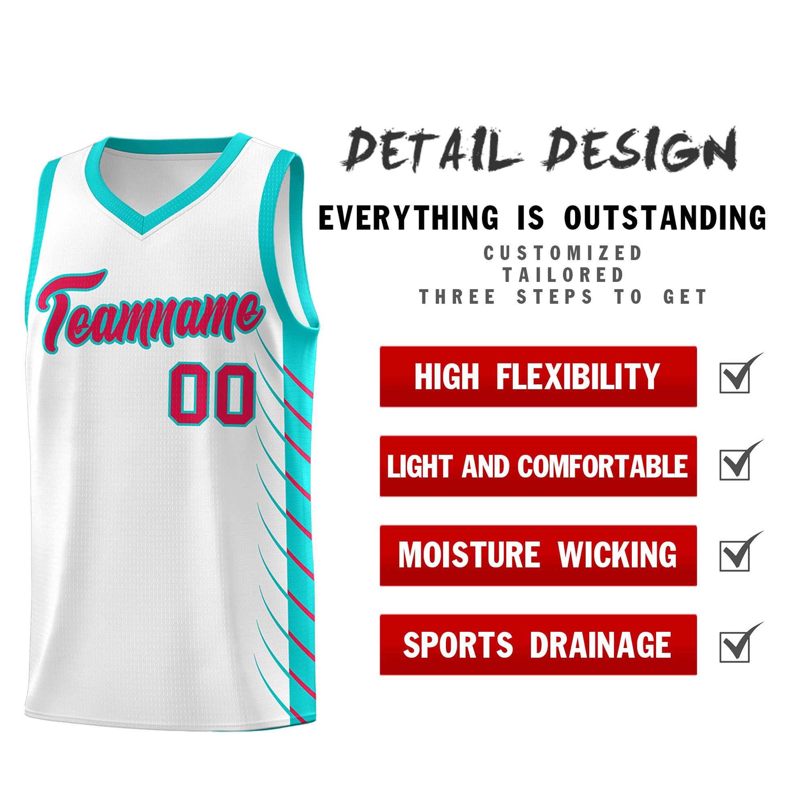 Custom White Aqua Personalized Side Symmetrical Line Pattern Sports Uniform Basketball Jersey