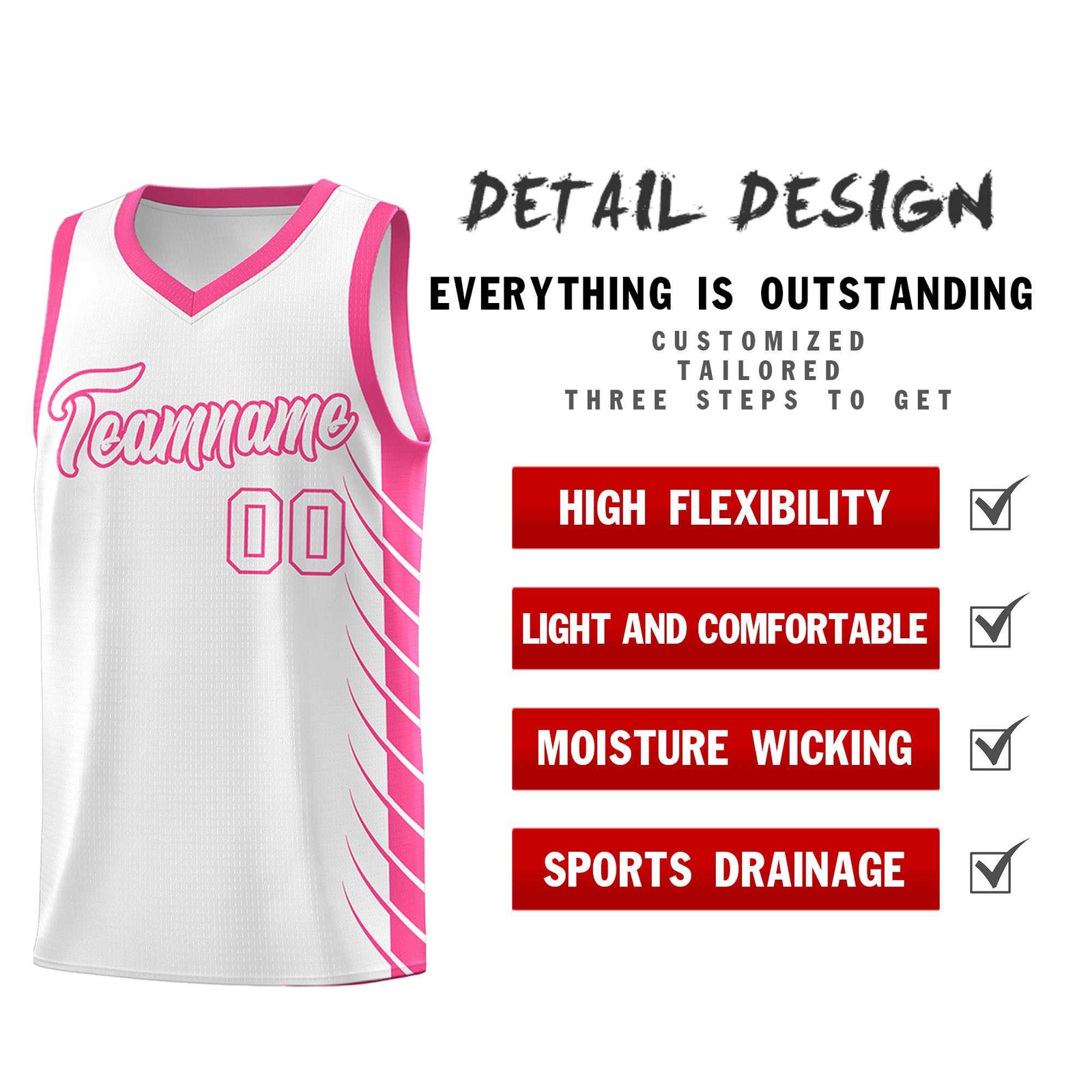 Custom White Pink Personalized Side Symmetrical Line Pattern Sports Uniform Basketball Jersey