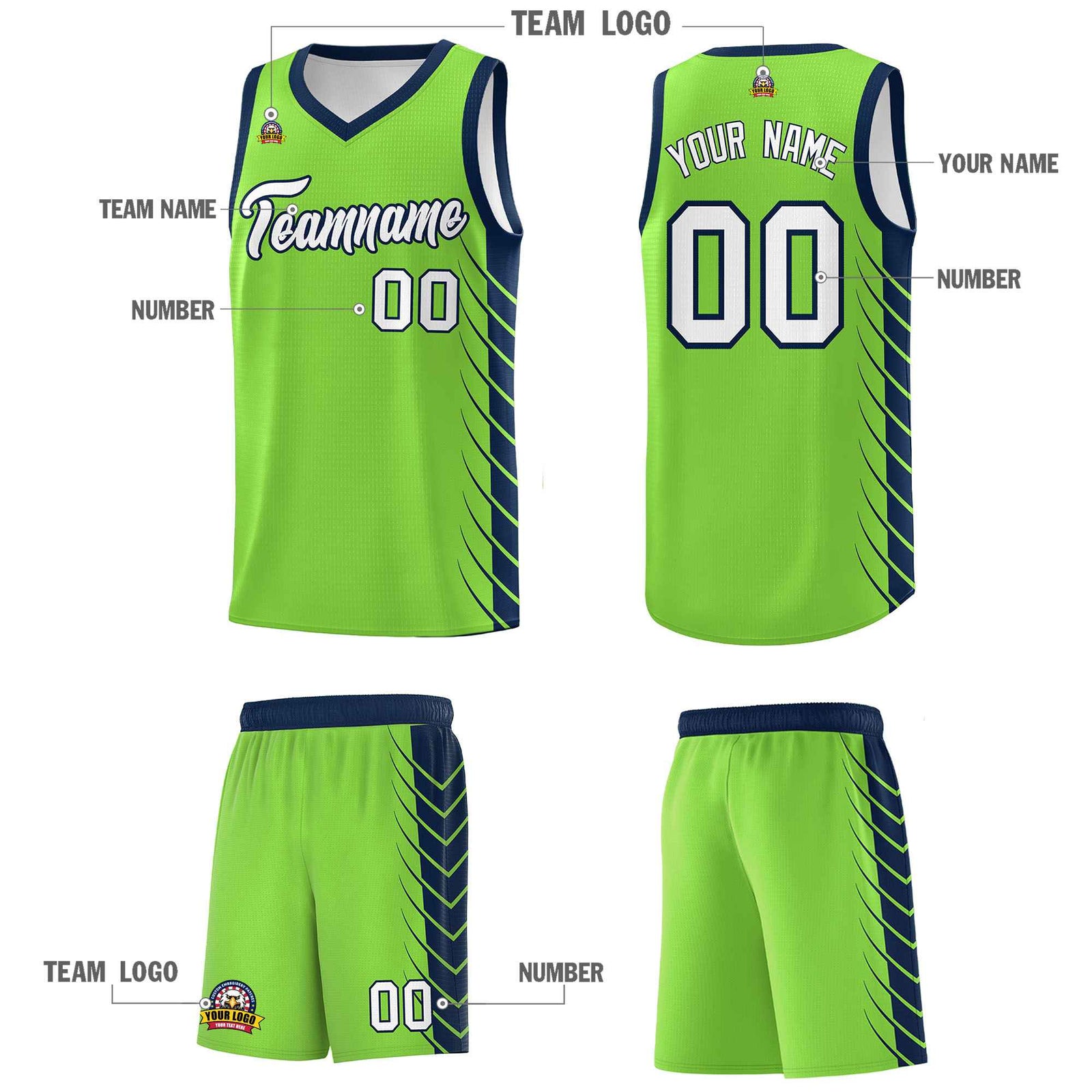 Custom Fluorescent Green Navy Personalized Side Symmetrical Line Pattern Sports Uniform Basketball Jersey