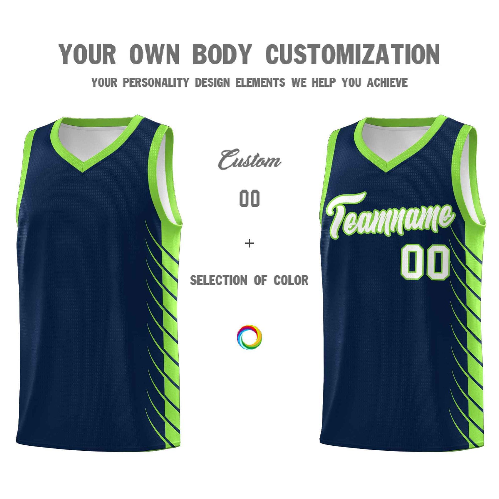 Custom Navy Fluorescent Green Personalized Side Symmetrical Line Pattern Sports Uniform Basketball Jersey