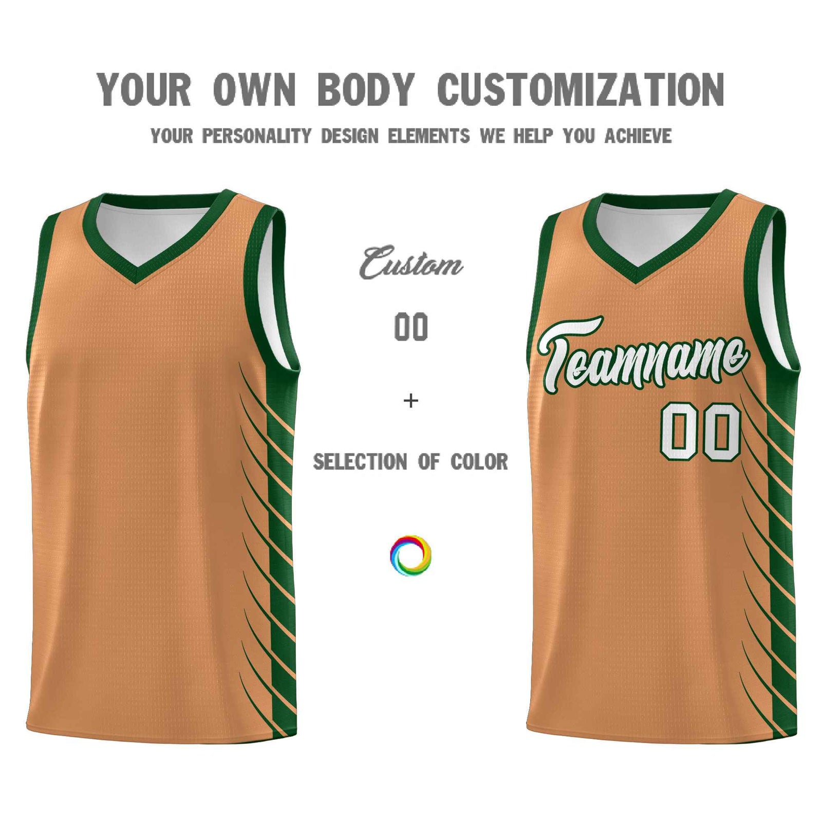 Custom Buckskin Brown Green Personalized Side Symmetrical Line Pattern Sports Uniform Basketball Jersey