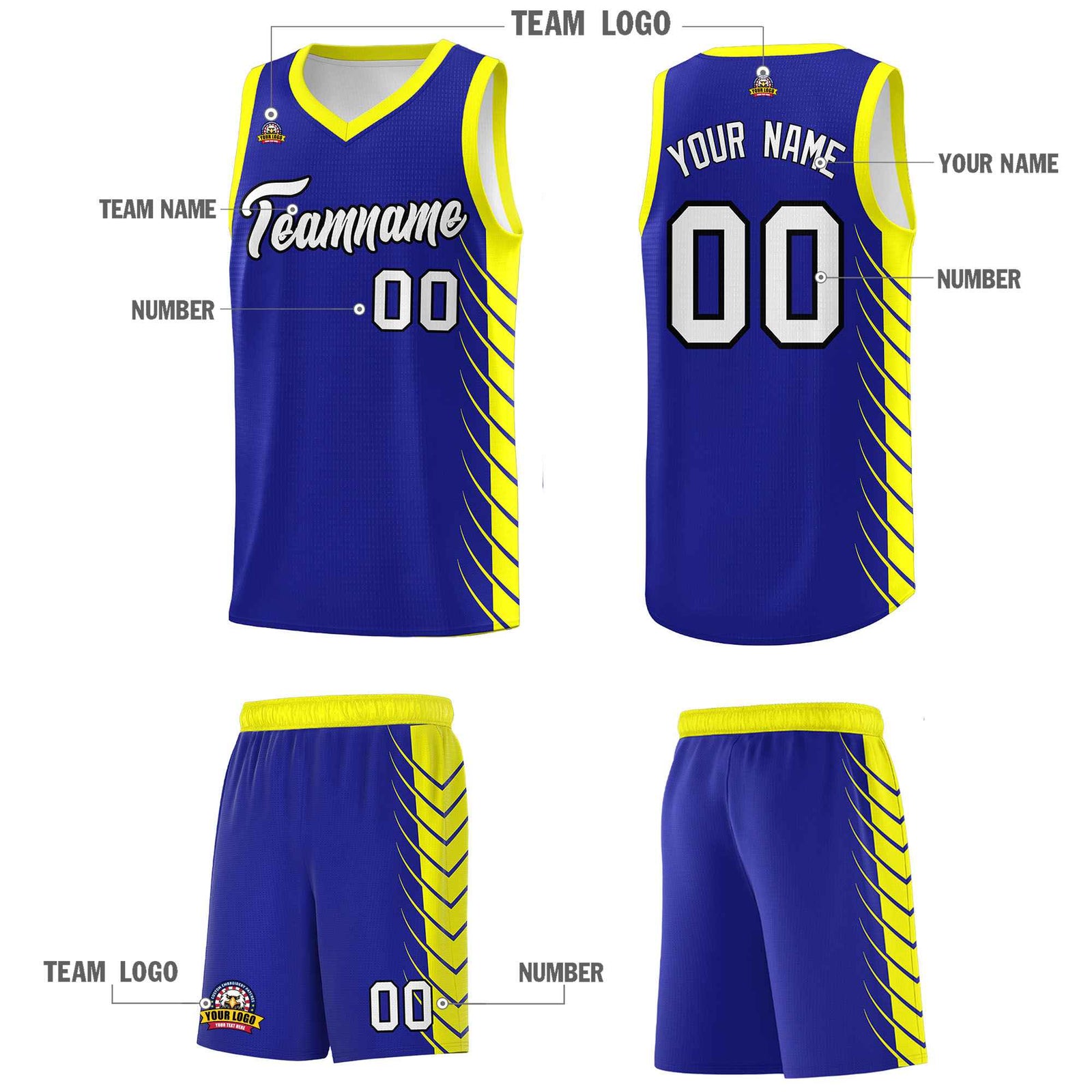 Custom Royal Fluorescent Yellow Personalized Side Symmetrical Line Pattern Sports Uniform Basketball Jersey