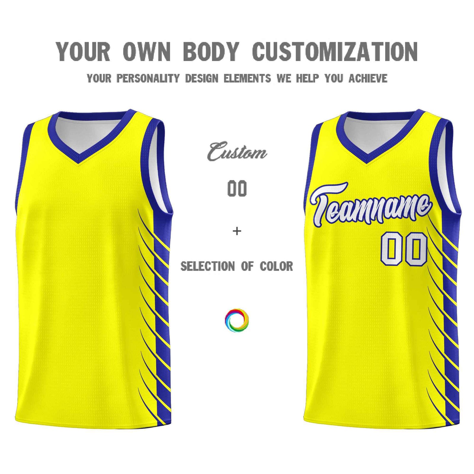 Custom Fluorescent Yellow Royal Personalized Side Symmetrical Line Pattern Sports Uniform Basketball Jersey